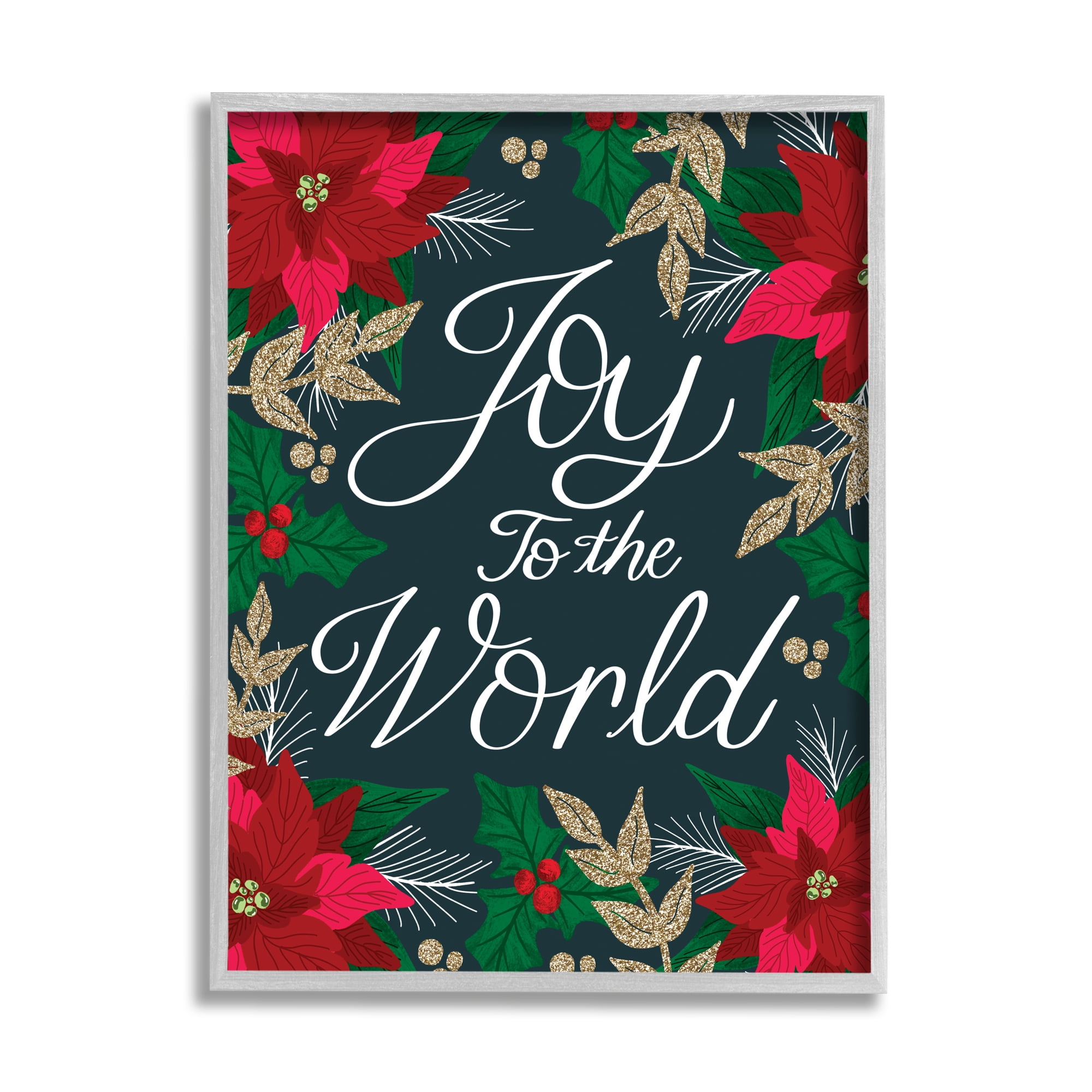 Stupell Industries Joy to the World Festive Red Poinsettia Florals Inspirational Painting Gray Framed Art Print Wall Art, 16 x 20