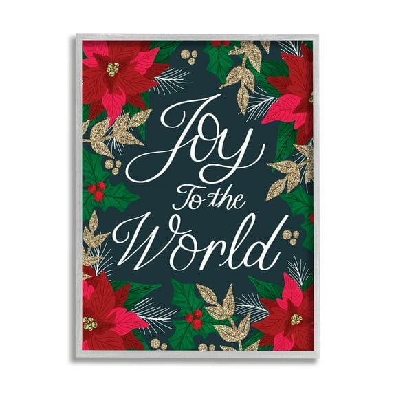 Stupell Industries Joy to the World Festive Red Poinsettia Florals Modern Painting Gray framed Art Print Wall Art, 11 x 14, Design by Emily Cromwell