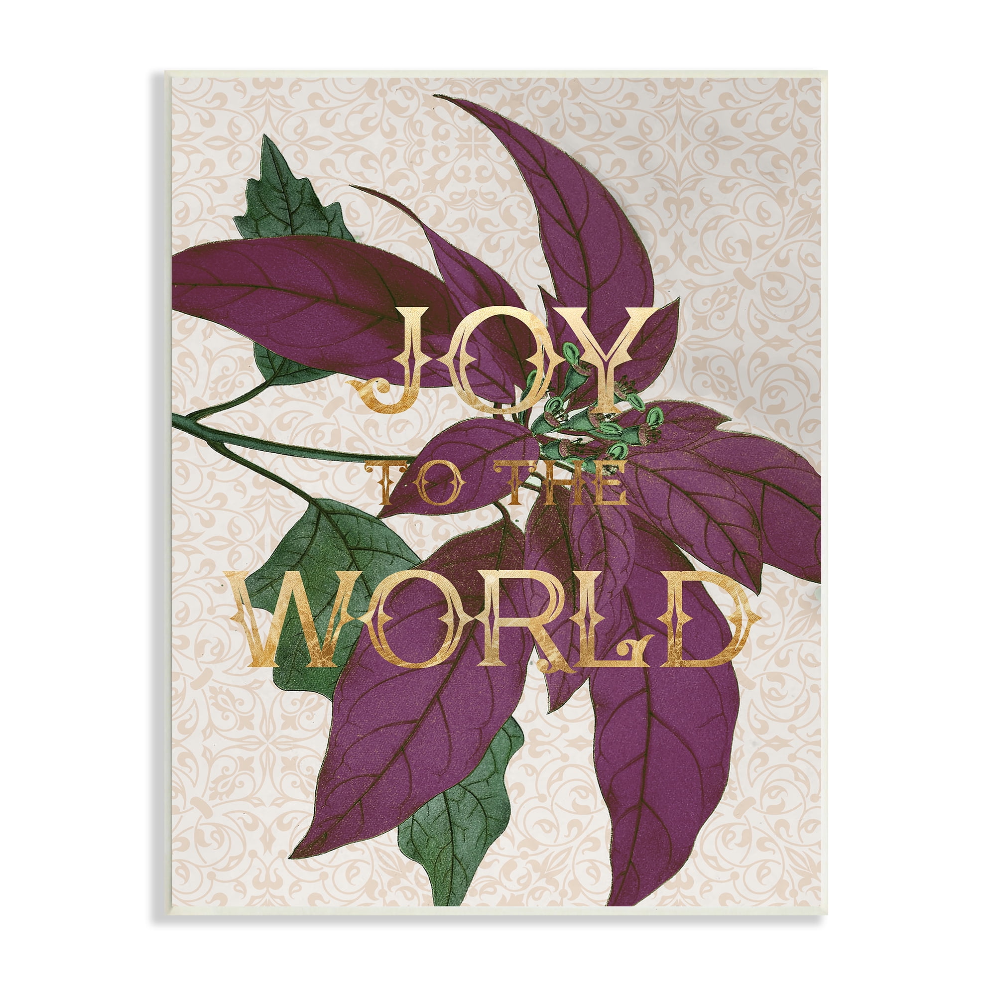 Stupell Industries Joy to the World Phrase Purple Poinsettia Floral Botanical & Floral Painting Unframed Art Print Wall Art, 13 x 19