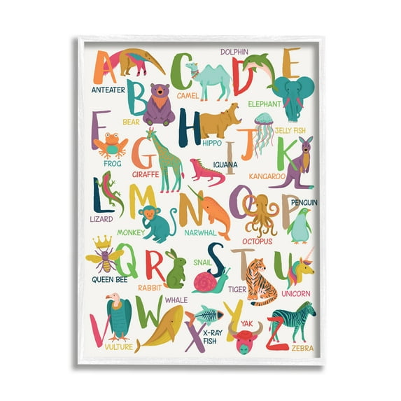 Stupell Industries Joyful Animal Alphabet Kid's Playful ABC Typography Graphic Art White Framed Art Print Wall Art, 24x30, by Lisa Whitebutton