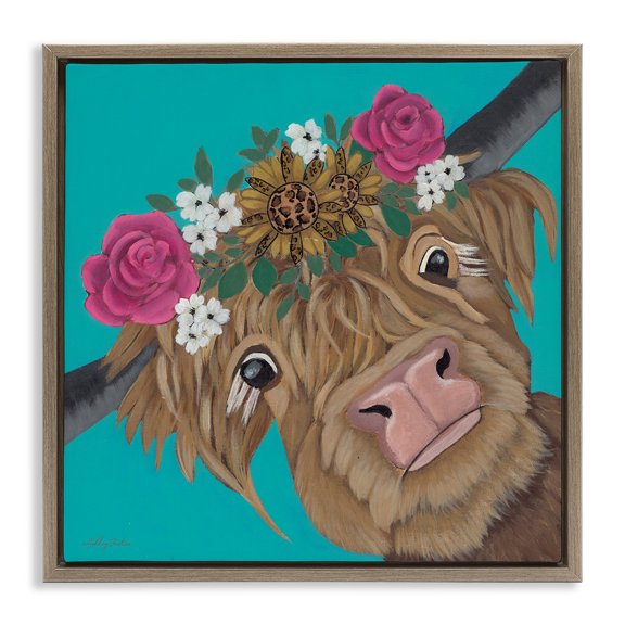 Stupell Industries Joyful Cattle with Flower Crown Brown Framed Floater Canvas Wall Art design by Ashley Justice, 25 x 25