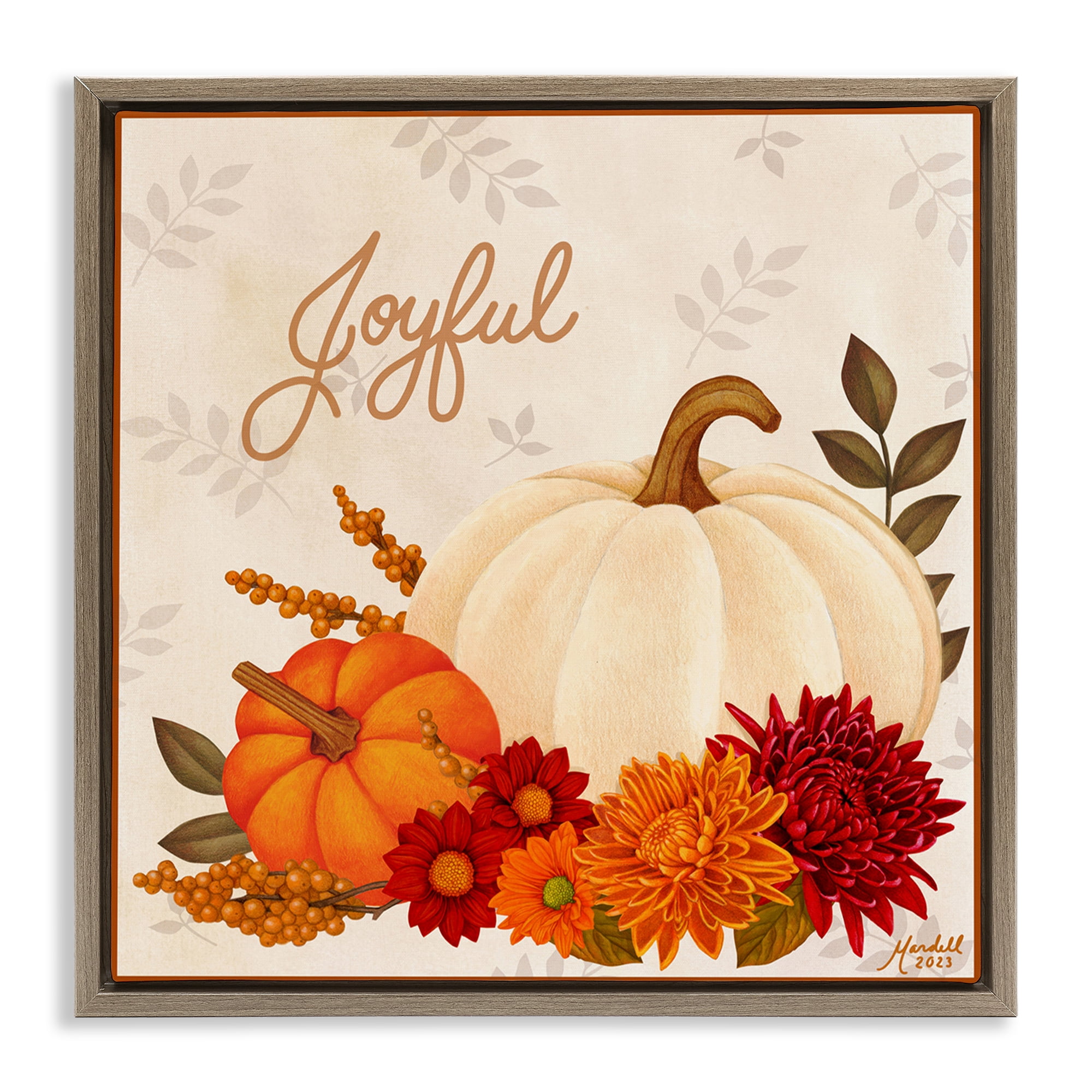 Stupell Industries Joyful Floral Pumpkins Holiday Painting Brown Floater Framed Canvas Art Prints Wall Art, 18 x 18