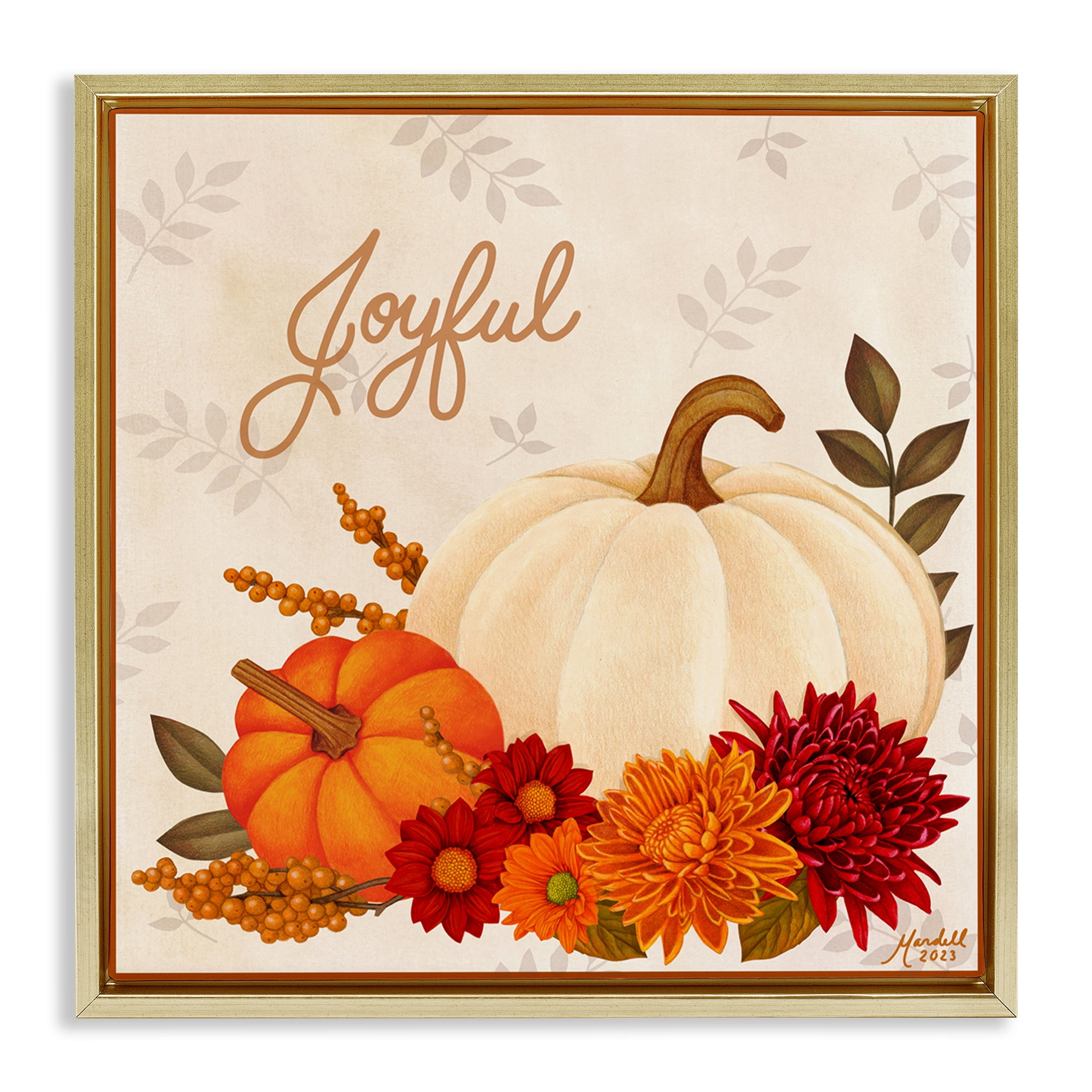 Stupell Industries Joyful Floral Pumpkins Holiday Painting Gold Floater Framed Canvas Art Prints Wall Art, 25 x 25