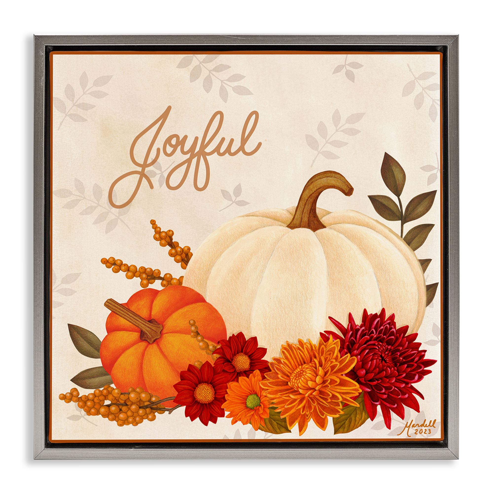 Stupell Industries Joyful Floral Pumpkins Holiday Painting Gray Floater Framed Canvas Art Prints Wall Art, 25 x 25
