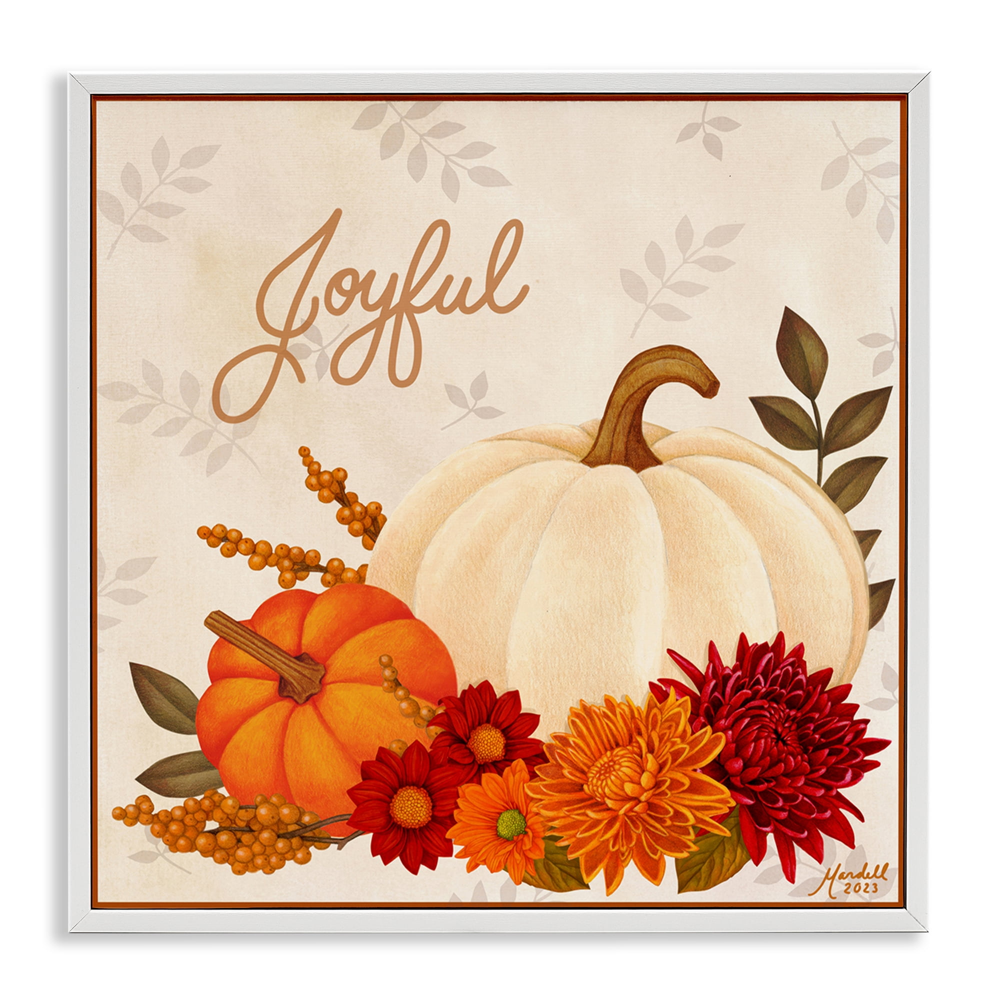 Stupell Industries Joyful Floral Pumpkins Holiday Painting White Framed Art Prints Wall Art, 12 x 12