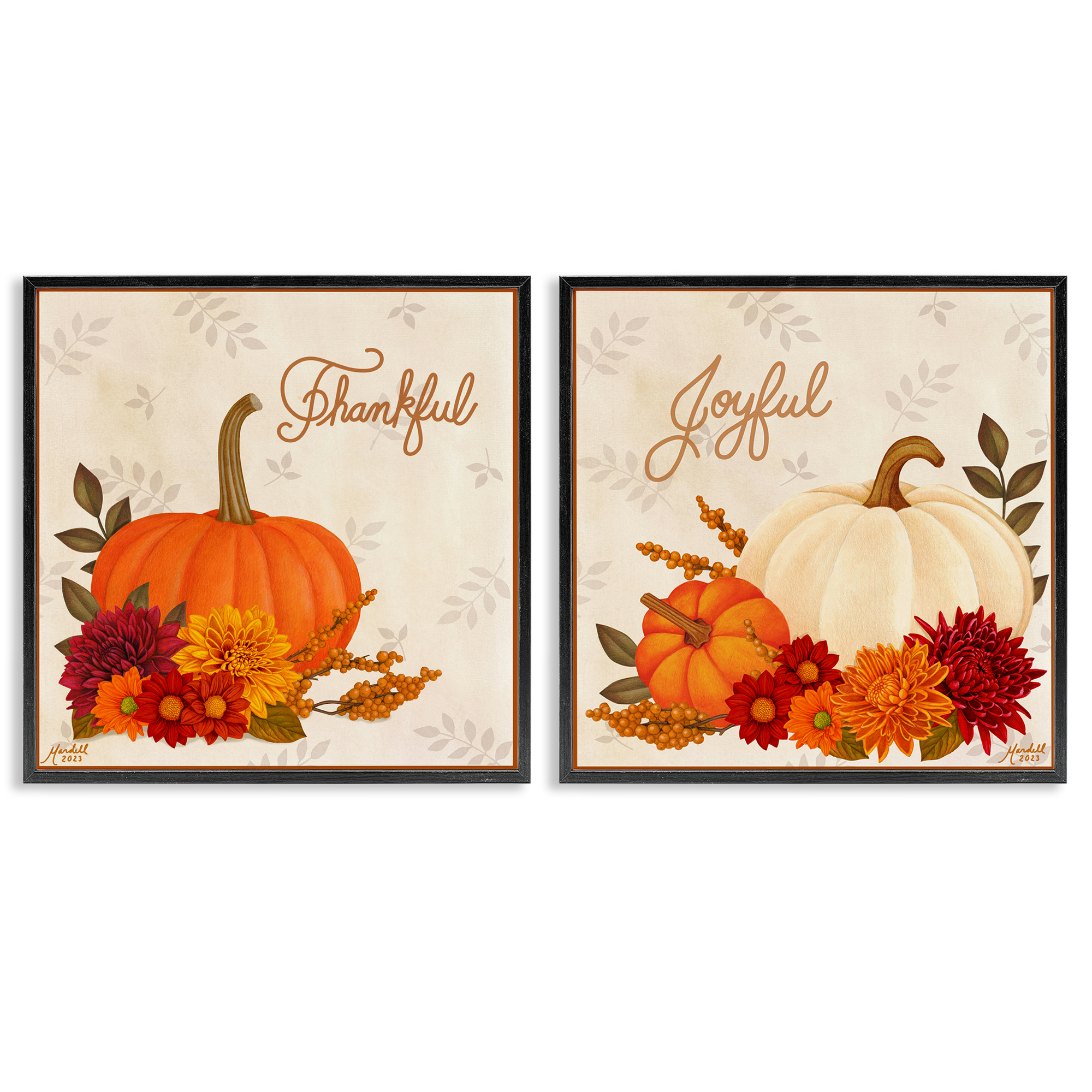 Stupell Industries Joyful Thankful Sentiment Pumpkin Holiday Painting Black Framed Art Prints Wall Art, 24 x 24, Set of 2