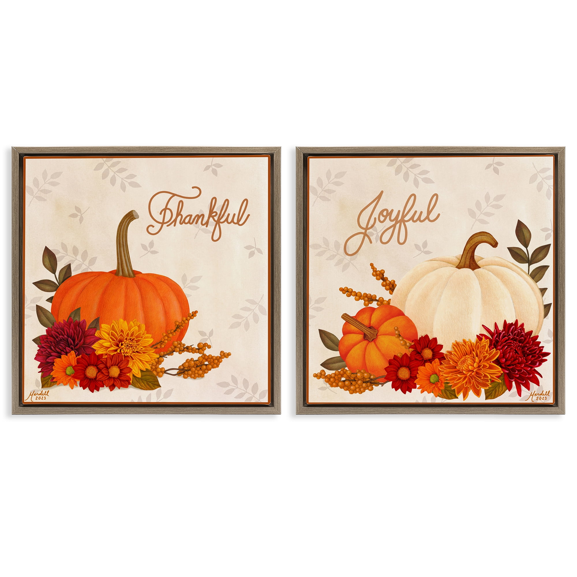 Stupell Industries Joyful Thankful Sentiment Pumpkin Holiday Painting Brown Floater Framed Canvas Art Prints Wall Art, 25 x 25, Set of 2