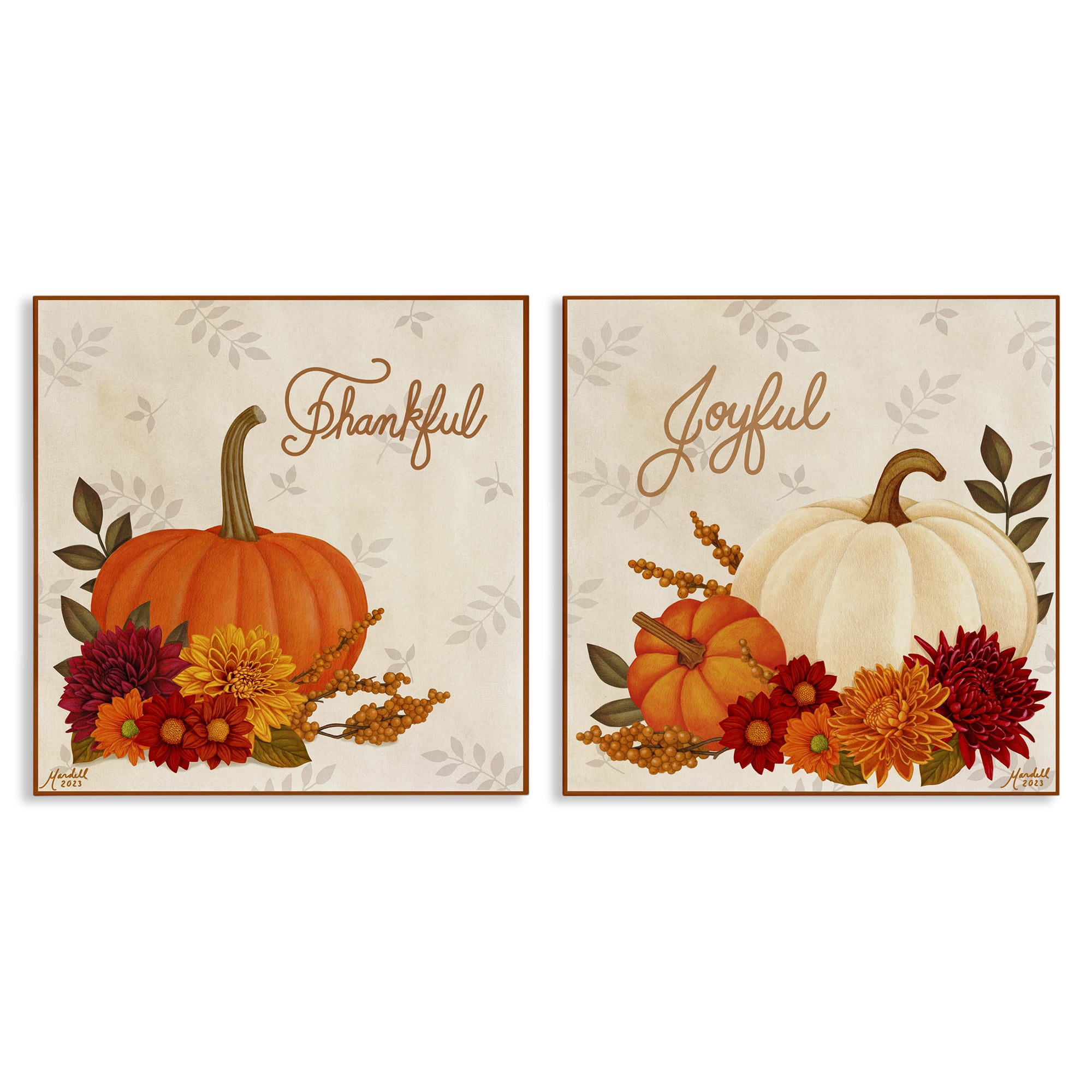 Stupell Industries Joyful Thankful Sentiment Pumpkin Holiday Painting Gallery Wrapped Canvas Art Prints Wall Art, 17 x 17, Set of 2