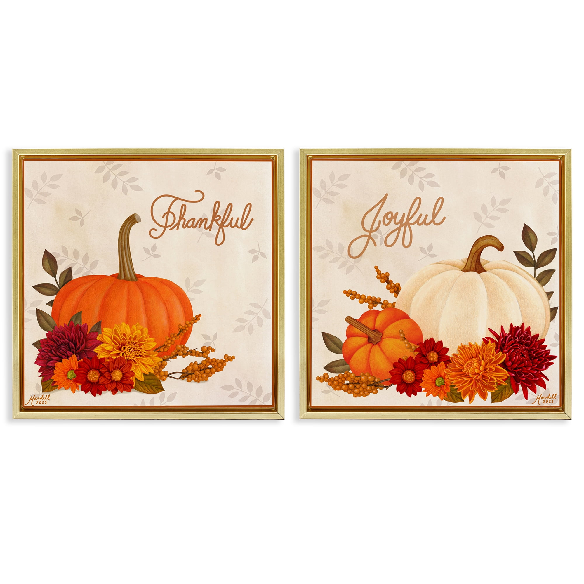 Stupell Industries Joyful Thankful Sentiment Pumpkin Holiday Painting Gold Floater Framed Canvas Art Prints Wall Art, 25 x 25, Set of 2