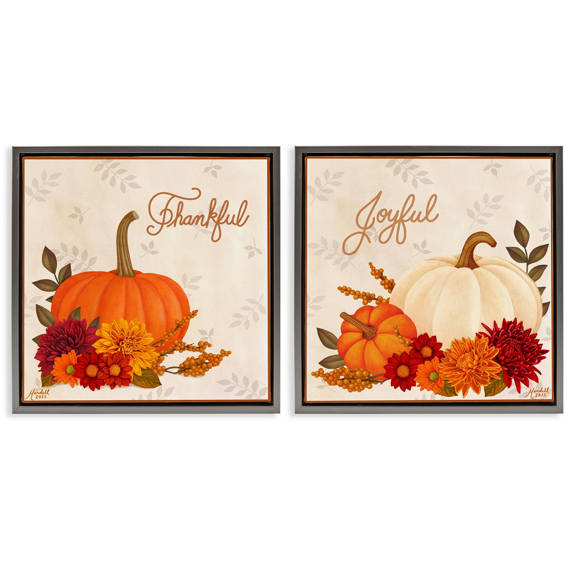 Stupell Industries Joyful Thankful Sentiment Pumpkin Holiday Painting Gray Floater Framed Canvas Art Prints Wall Art, 18 x 18, Set of 2