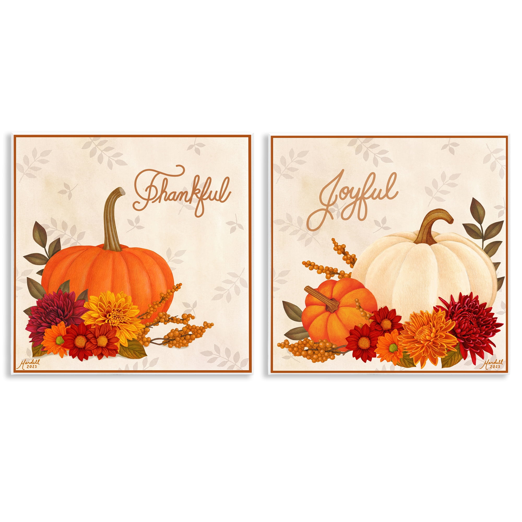 Stupell Industries Joyful Thankful Sentiment Pumpkin Holiday Painting Unframed Art Prints Wall Art, 12 x 12, Set of 2