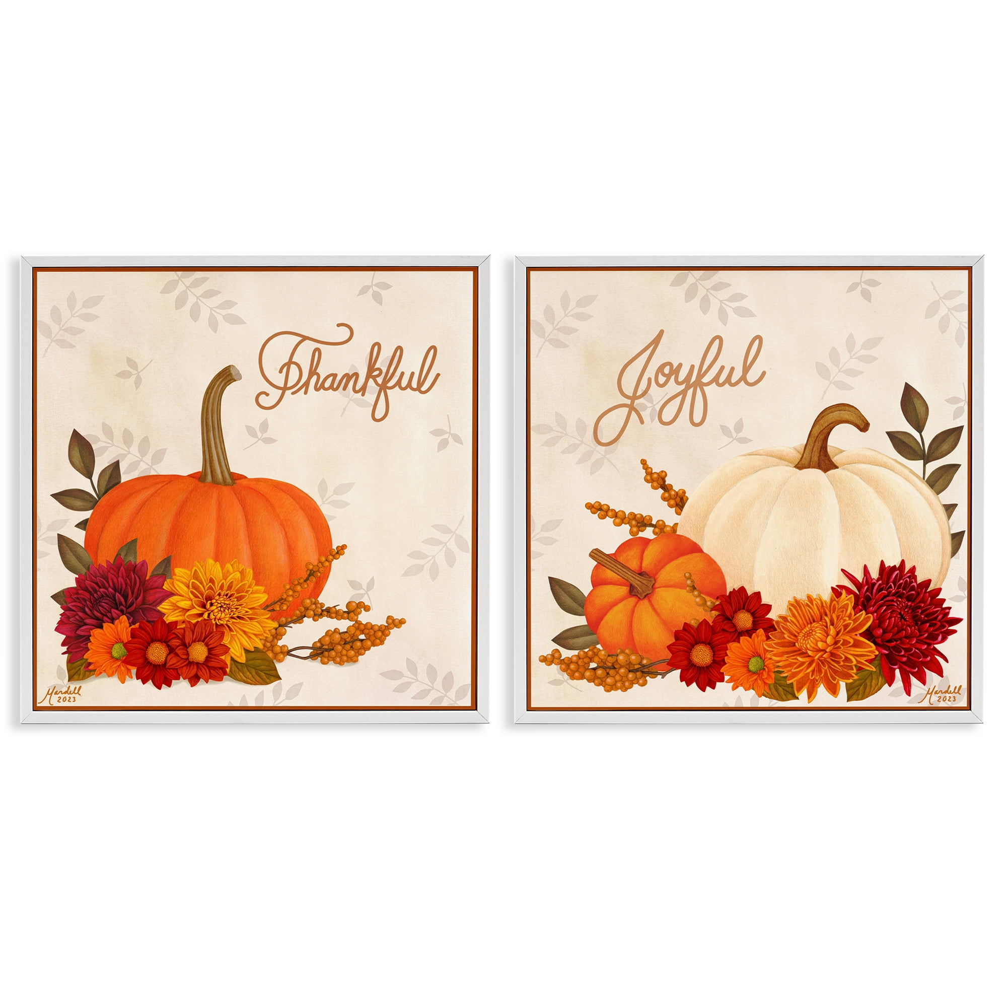 Stupell Industries Joyful Thankful Sentiment Pumpkin Holiday Painting White Framed Art Prints Wall Art, 12 x 12, Set of 2