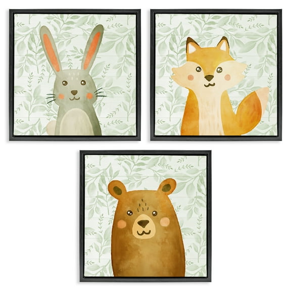 Stupell Industries Joyful Woodland Animals Floral Painting Black Floater Framed Canvas Art Print Wall Art, 18 x 18, Set of 3