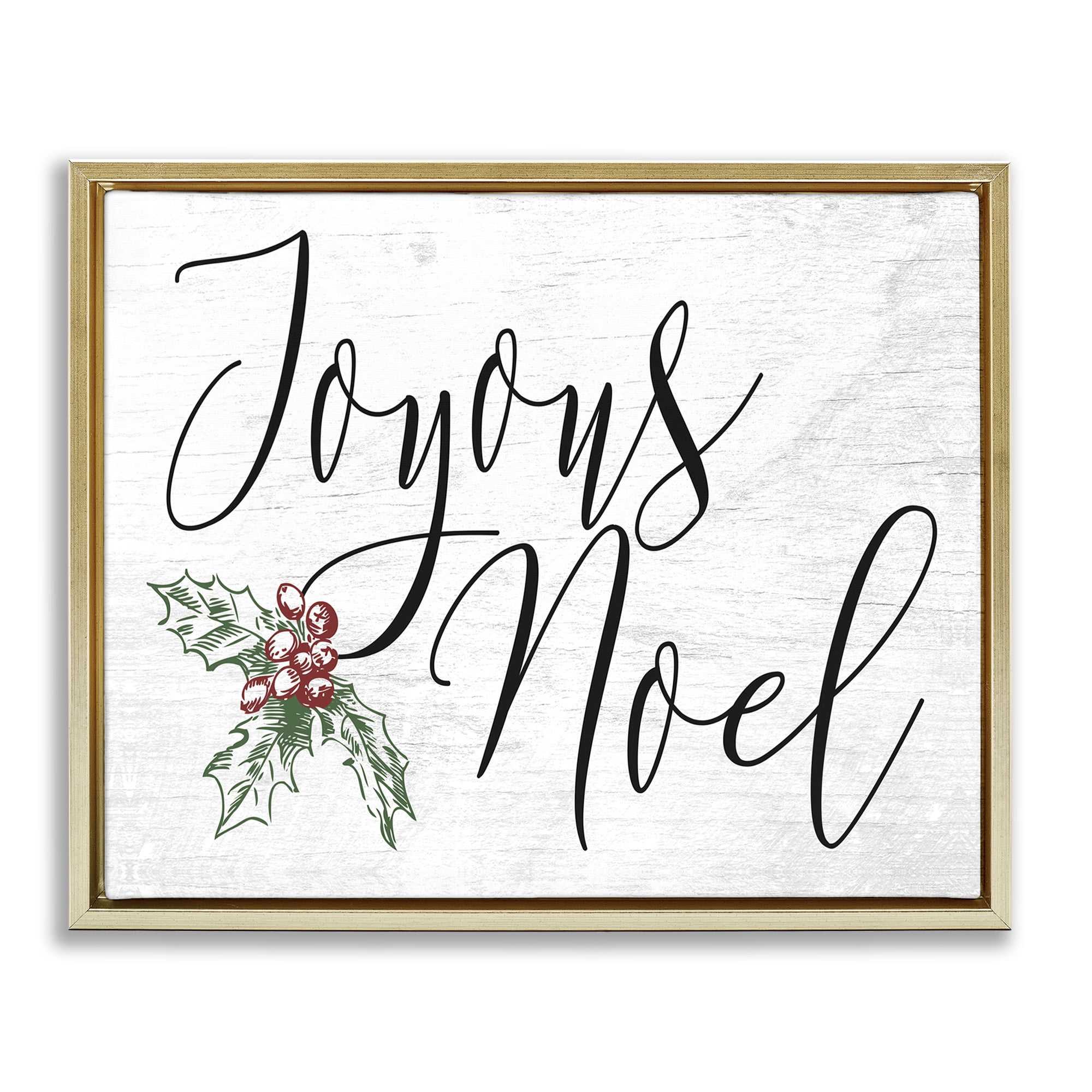 Stupell Industries Joyous Noel Christmas Botanicals Holiday Painting Gold Floater Framed Canvas Art Print Wall Art, 21 x 17