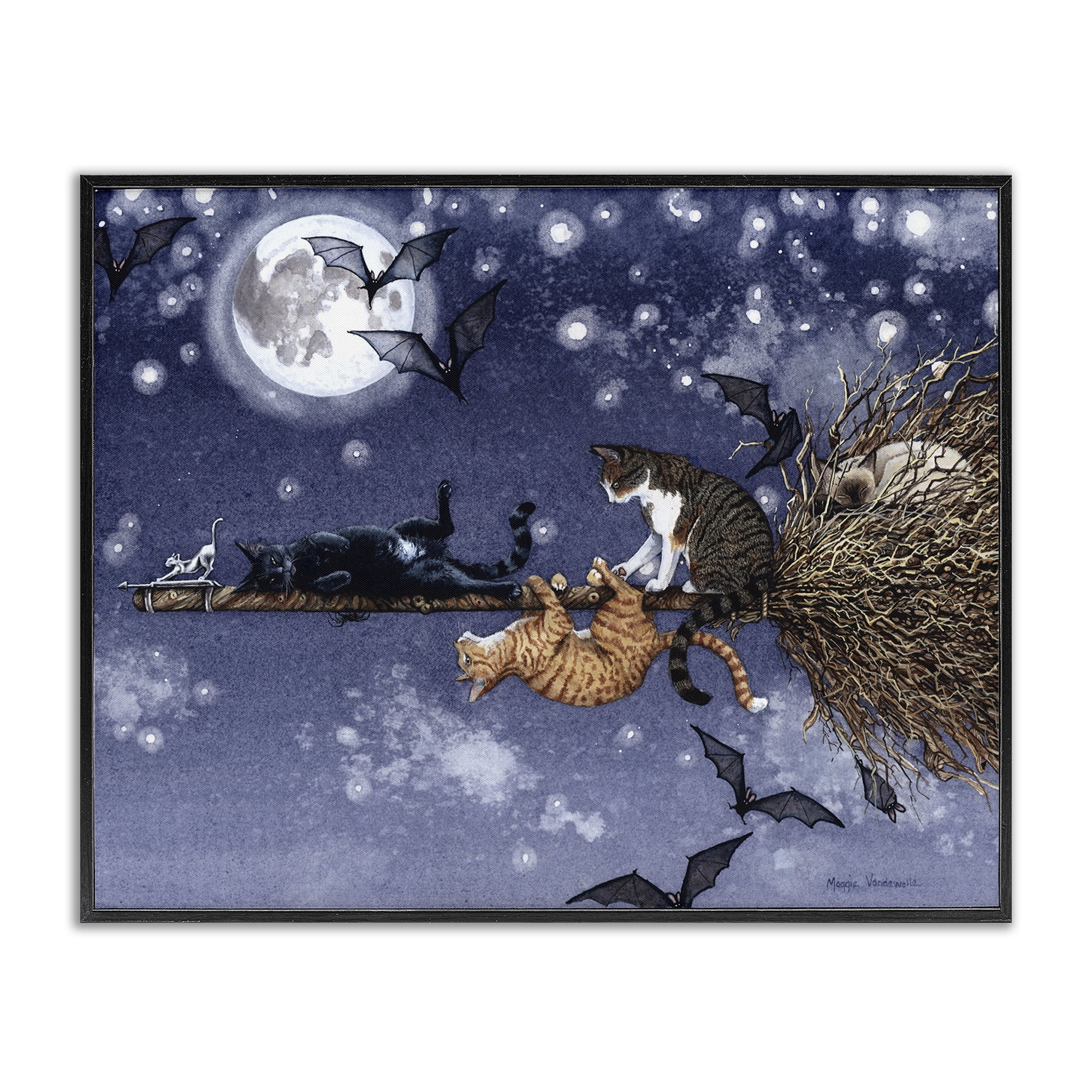 Stupell Industries Joyriding Cats on Broom Holiday Painting Black Framed Art Print Wall Art, 20 x 16