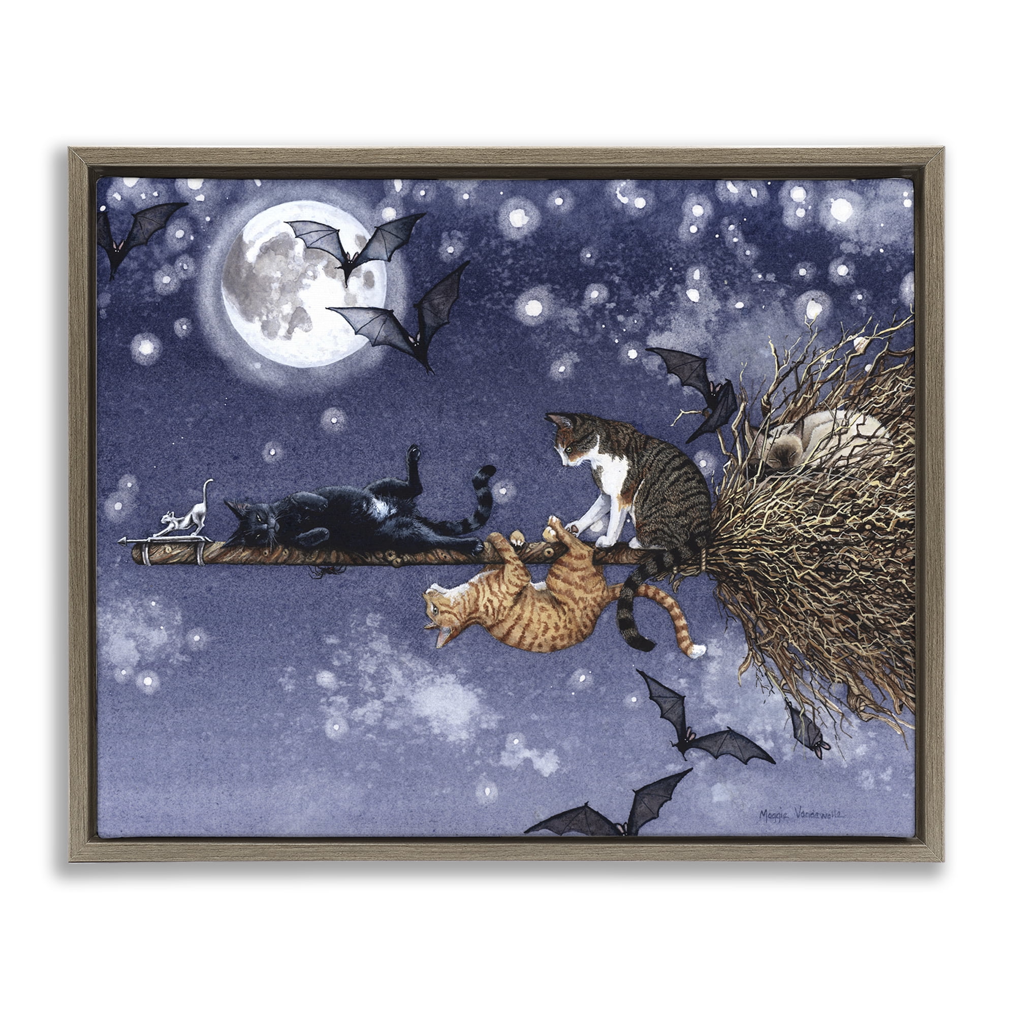 Stupell Industries Joyriding Cats on Broom Holiday Painting Brown Floater Framed Art Print Wall Art, 31 x 25
