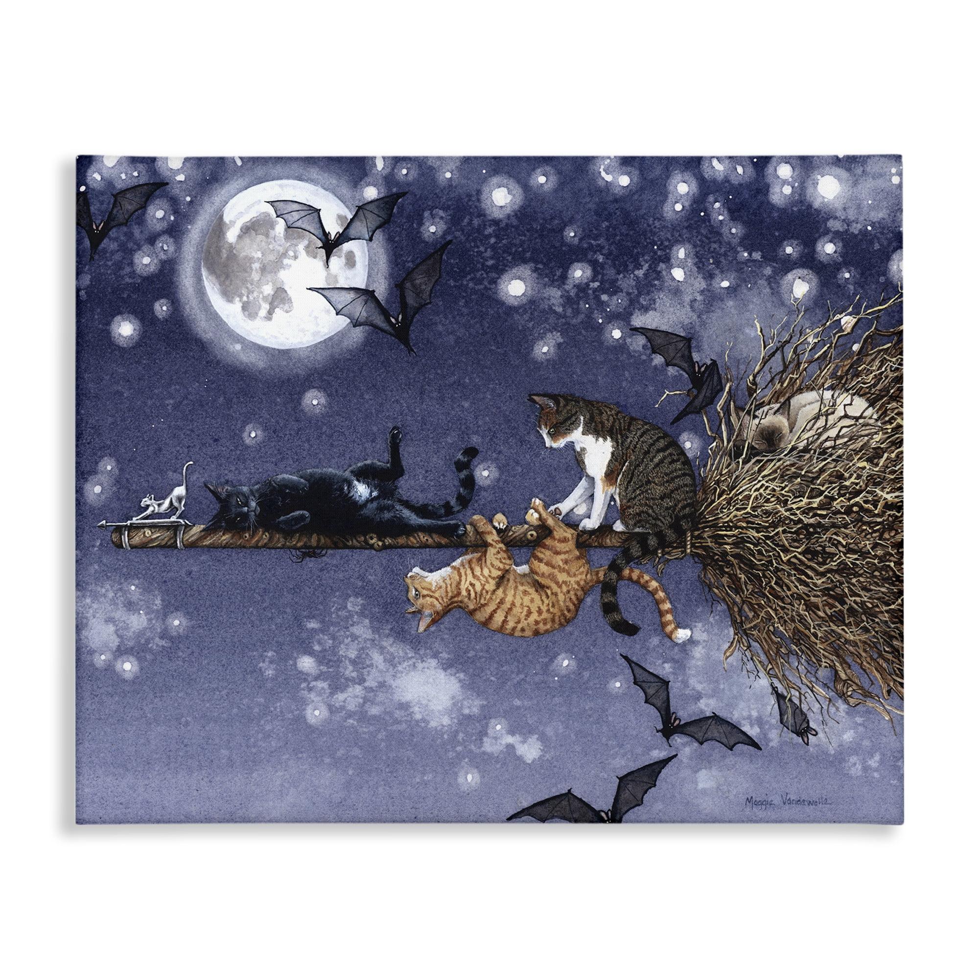 Stupell Industries Joyriding Cats on Broom Holiday Painting Gallery Wrapped Canvas Art Print Wall Art, 20 x 16