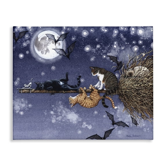 Stupell Industries Joyriding Cats on Broom Holiday Painting Gallery Wrapped Canvas Art Print Wall Art, 20 x 16