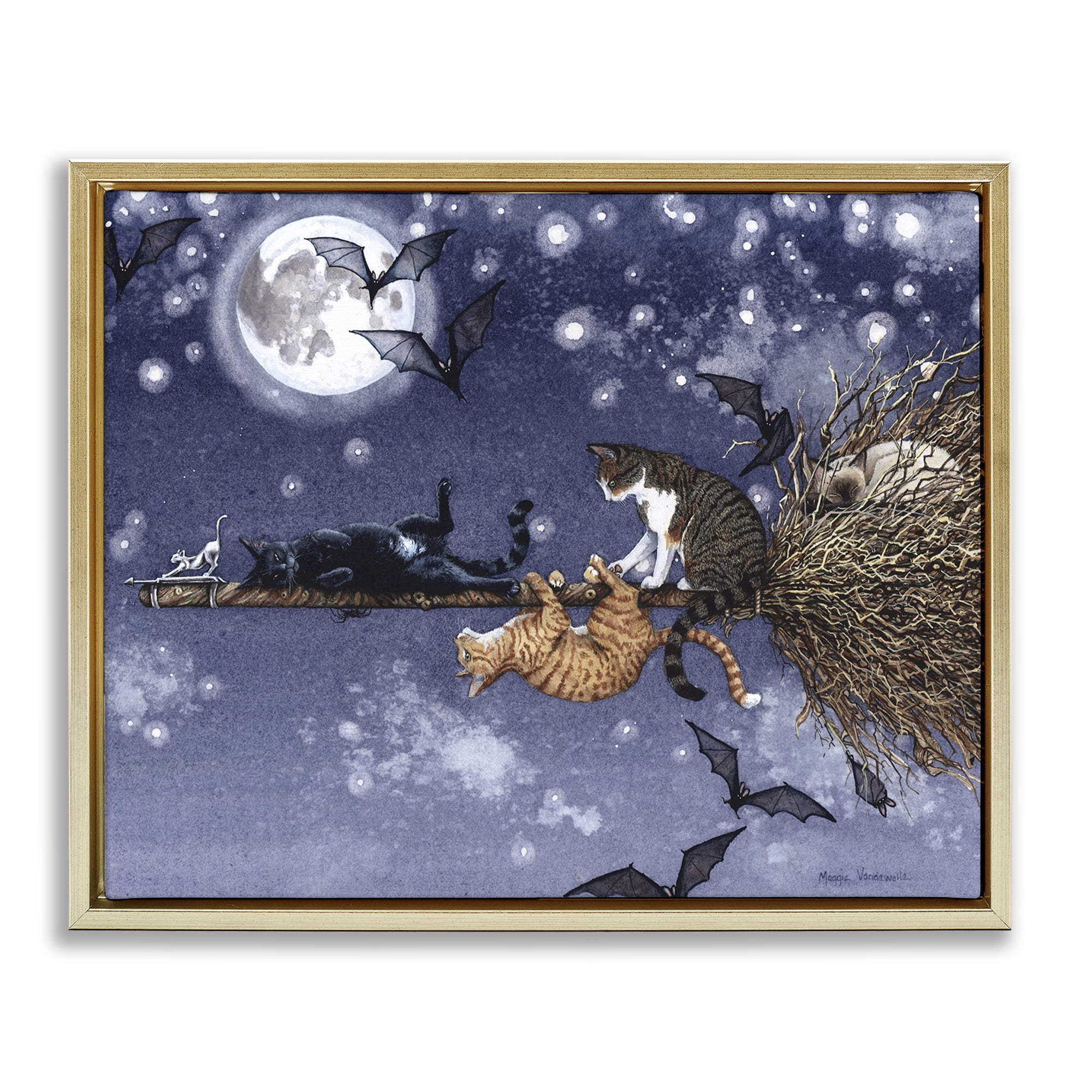 Stupell Industries Joyriding Cats on Broom Holiday Painting Gold Floater Framed Art Print Wall Art, 31 x 25
