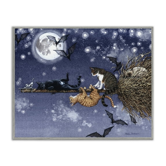 Stupell Industries Joyriding Cats on Broom Holiday Painting Gray Framed Art Print Wall Art, 30 x 24