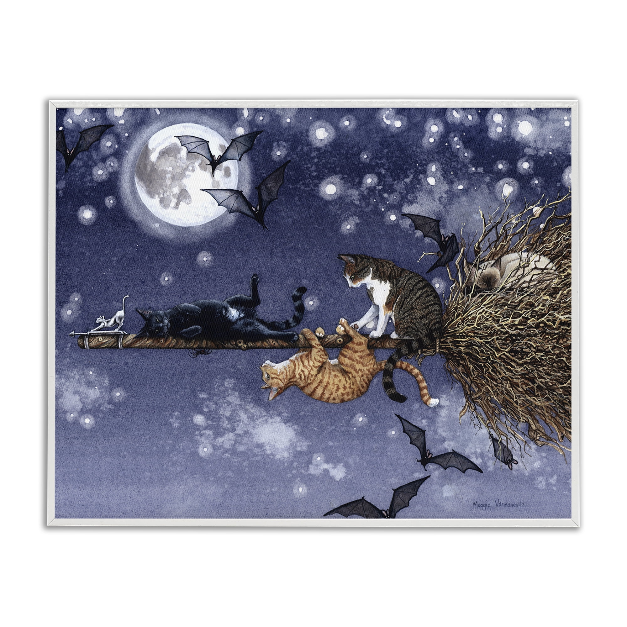 Stupell Industries Joyriding Cats on Broom Holiday Painting White Framed Art Print Wall Art, 20 x 16