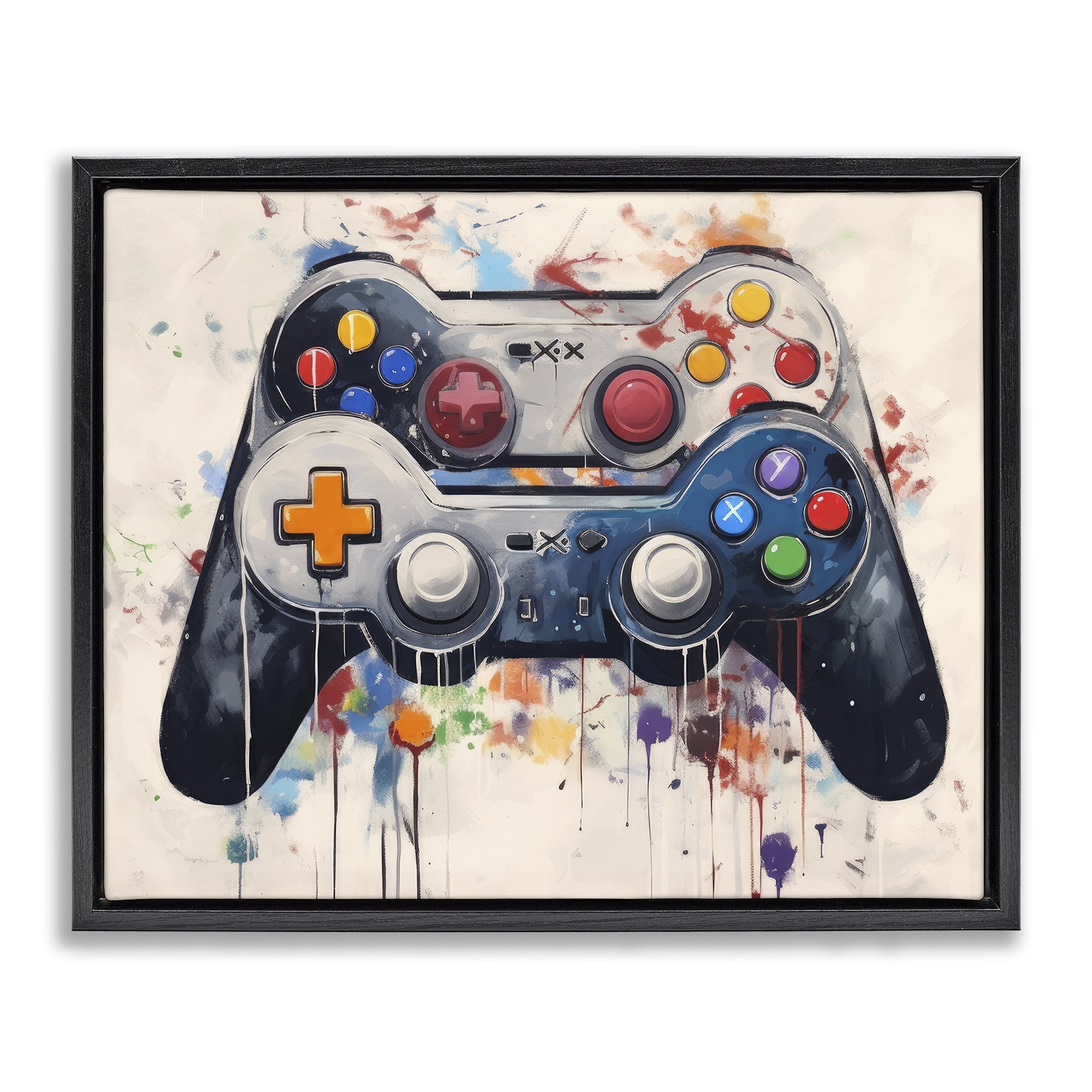 Stupell Industries Joystick Journeys Controller Duo Black Framed Floater Canvas Wall Art, design by Lazar Studio