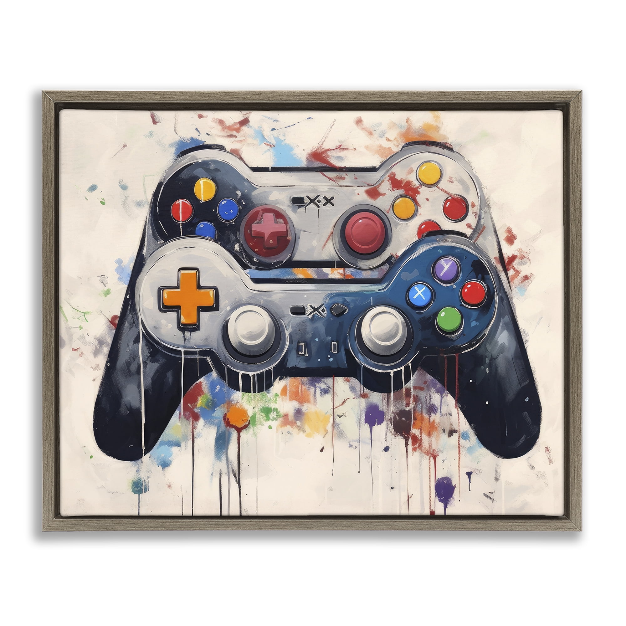 Stupell Industries Joystick Journeys Controller Duo Brown Framed Floater Canvas Wall Art, design by Lazar Studio
