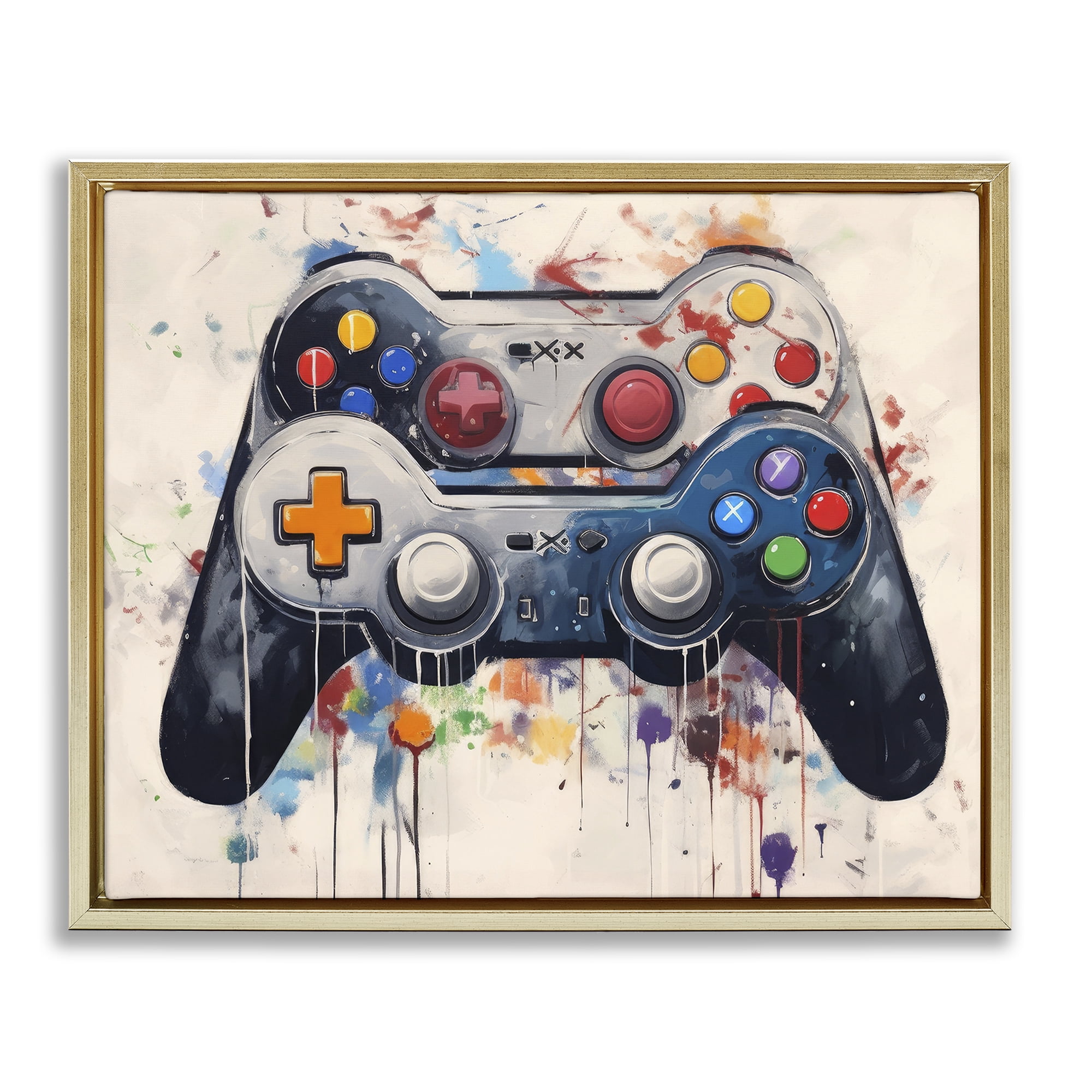 Stupell Industries Joystick Journeys Controller Duo Gold Framed Floater Canvas Wall Art, design by Lazar Studio