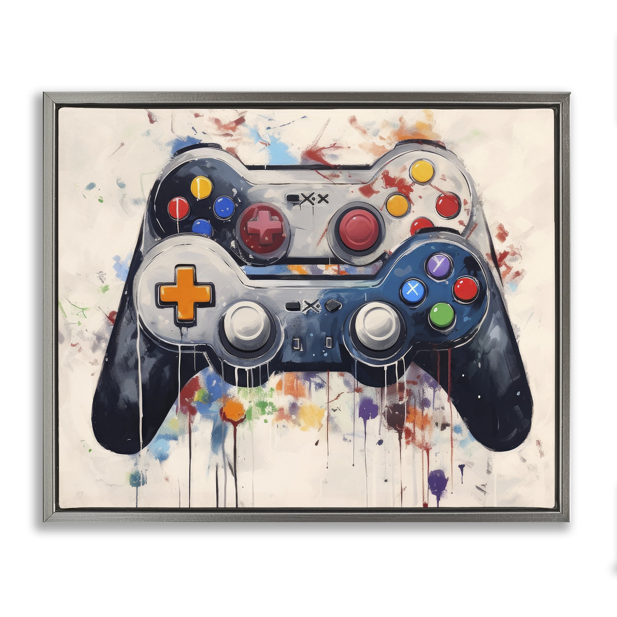 Stupell Industries Joystick Journeys Controller Duo Gray Framed Floater Canvas Wall Art, design by Lazar Studio