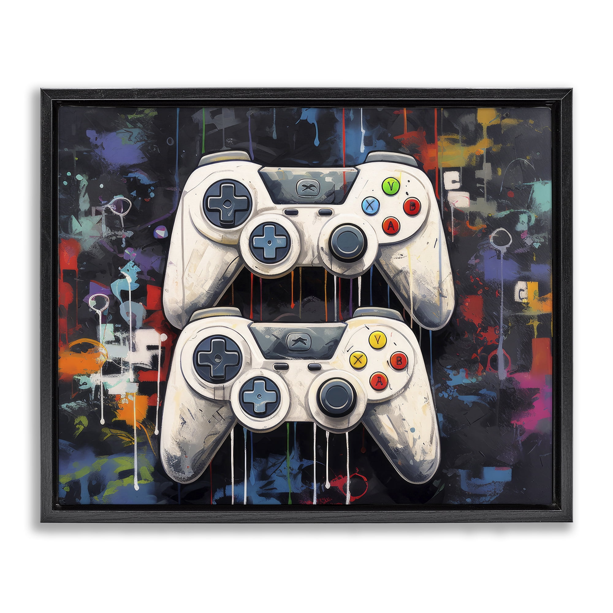 Stupell Industries Joystick Journeys with Paint Splatter Black Framed Floater Canvas Wall Art, design by Lazar Studio