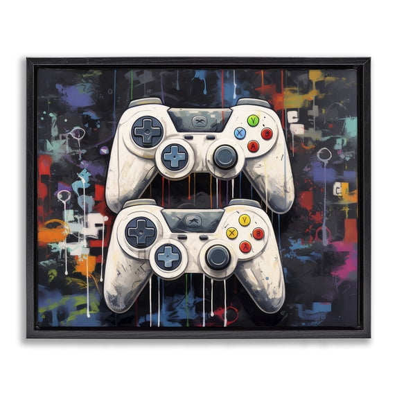 Stupell Industries Contemporary Joystick Journeys with Paint Splatter Black Floating Frame Canvas Art, 31 x 25, by Lazar Studio