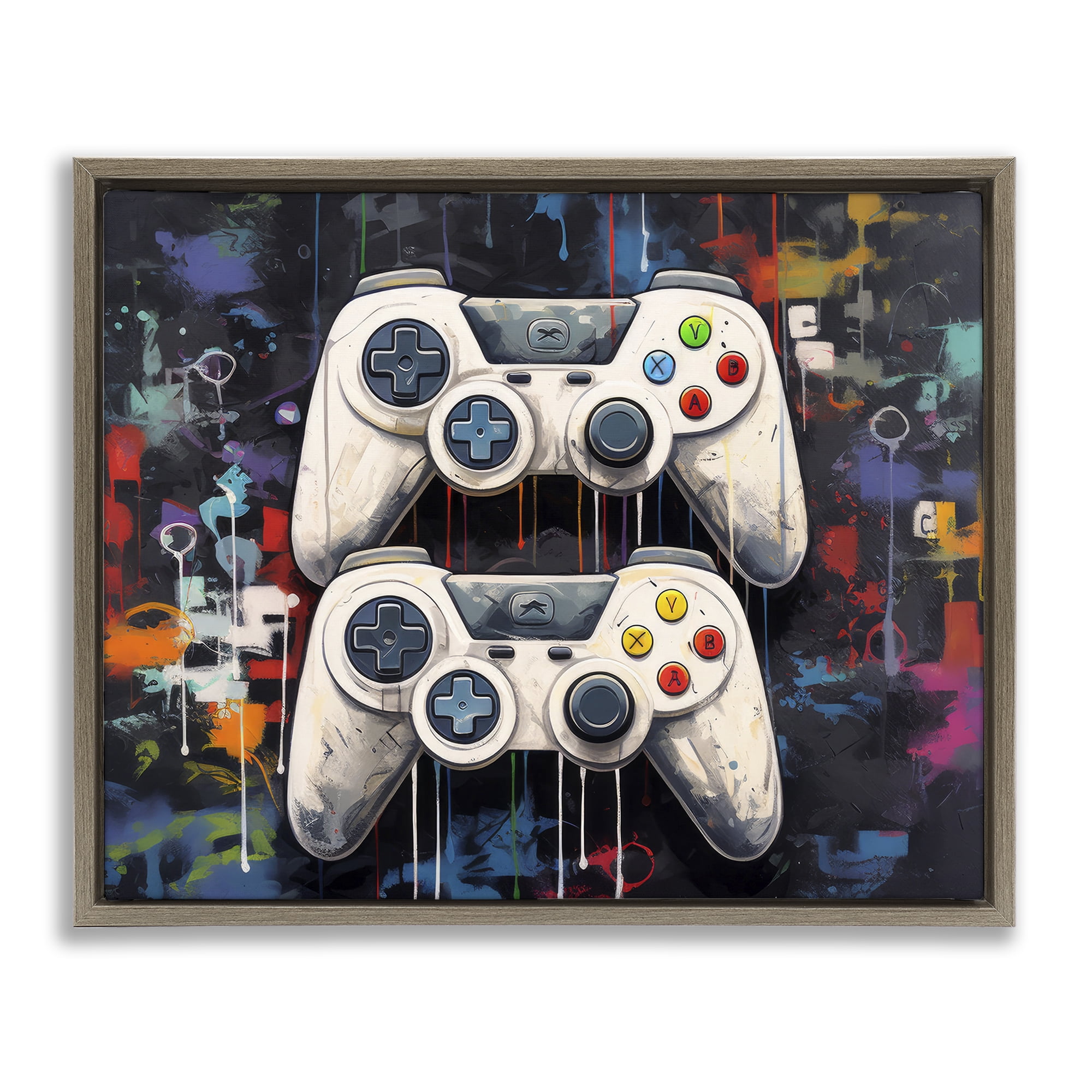 Stupell Industries Joystick Journeys with Paint Splatter Brown Framed Floater Canvas Wall Art, design by Lazar Studio