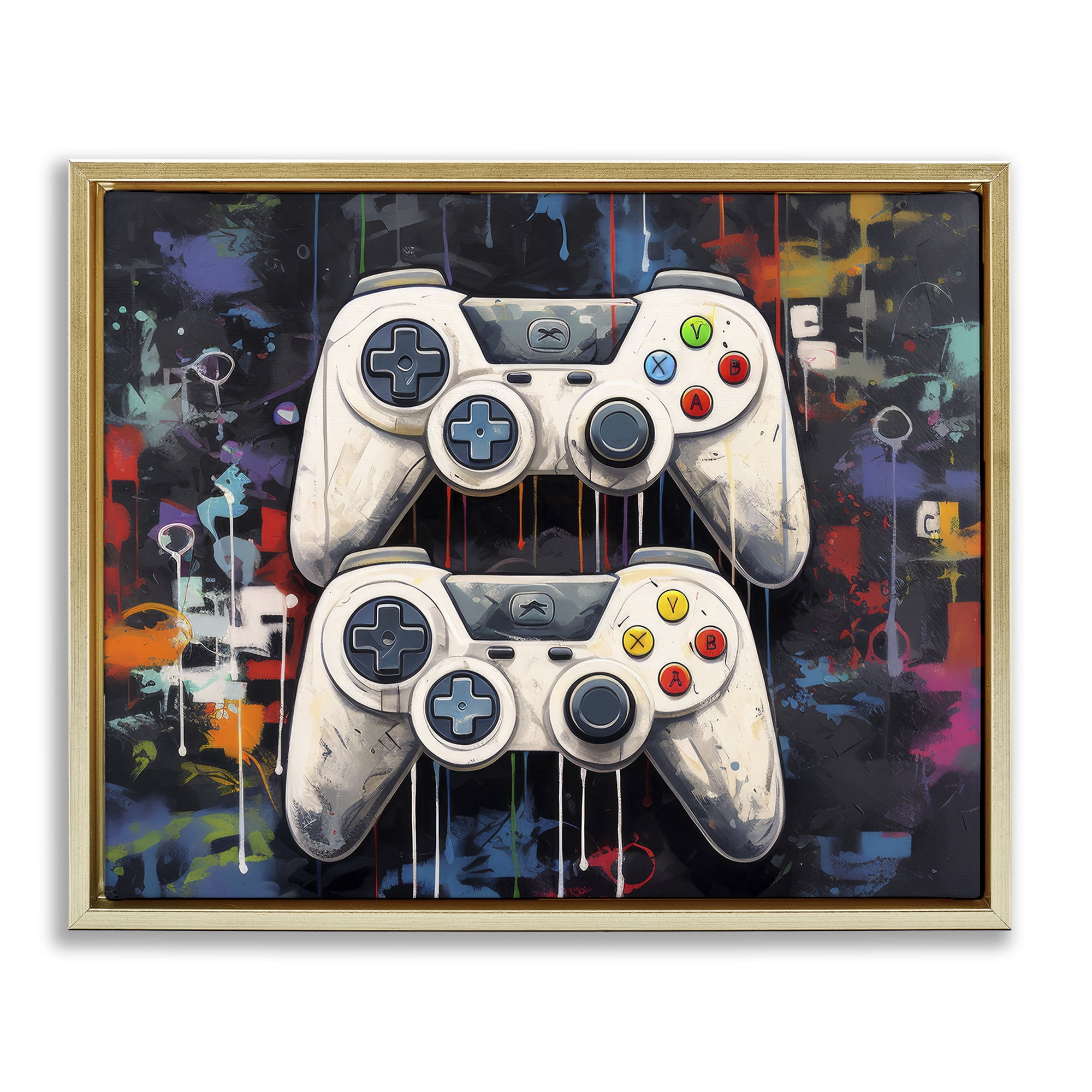 Stupell Industries Joystick Journeys with Paint Splatter Gold Framed Floater Canvas Wall Art, design by Lazar Studio