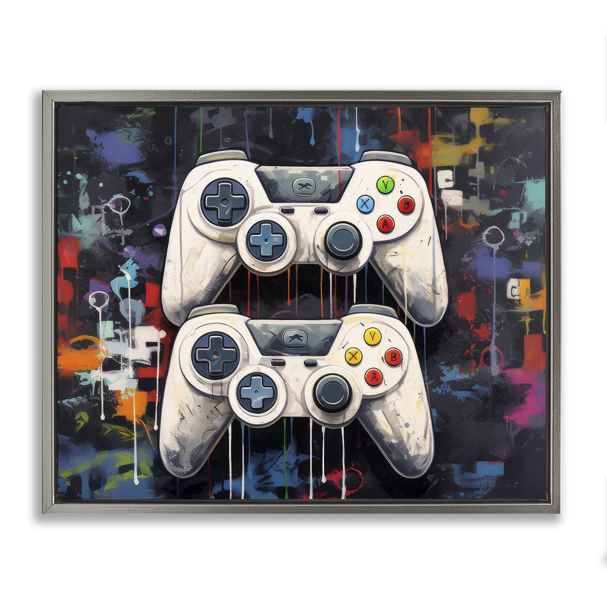 Stupell Industries Joystick Journeys with Paint Splatter Gray Framed Floater Canvas Wall Art, design by Lazar Studio