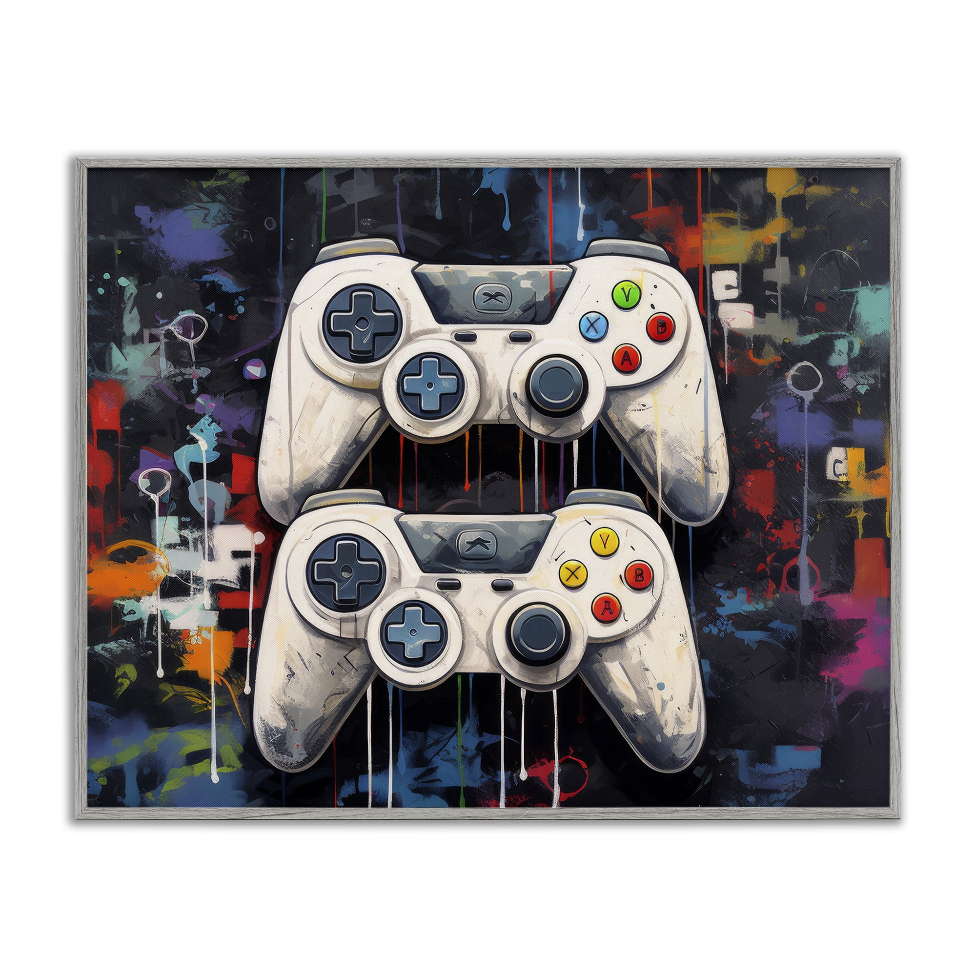 Stupell Industries Joystick Journeys with Paint Splatter Gray Framed Giclee Art, design by Lazar Studio