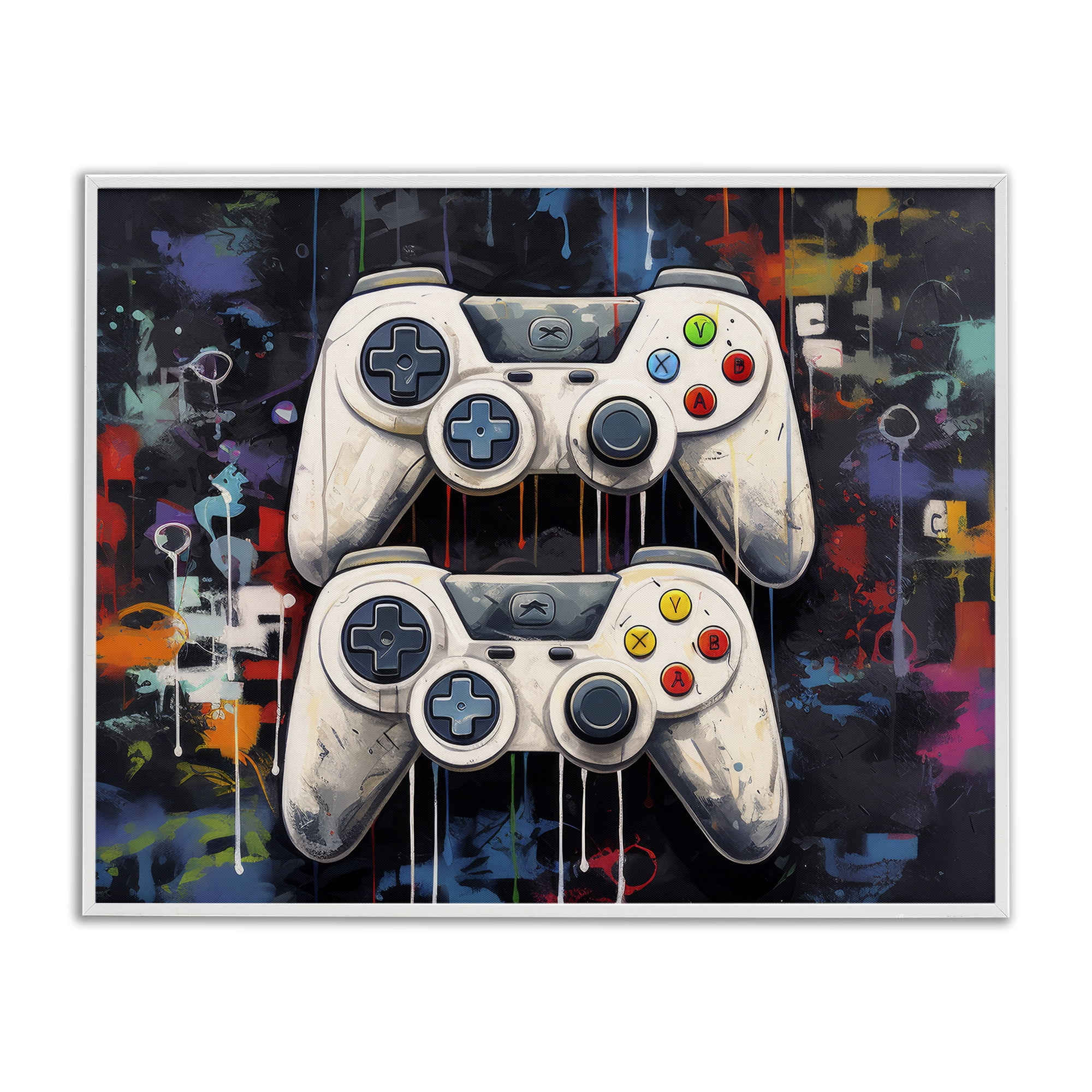 Stupell Industries Joystick Journeys with Paint Splatter White Framed Giclee Art, design by Lazar Studio
