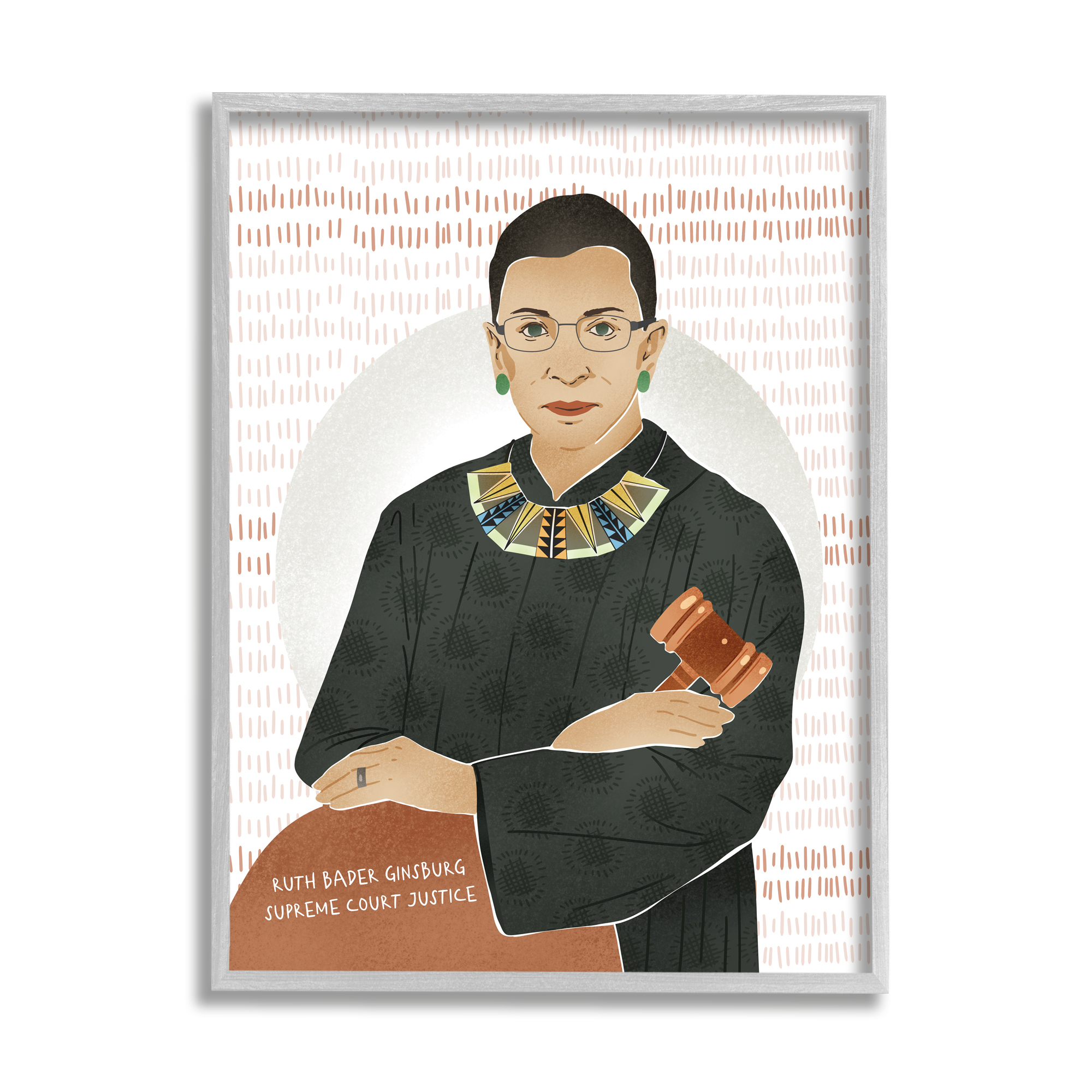 Stupell Industries Judge Ginsburg With Gavel Over Abstract Pattern Novelty Painting Gray Framed Art Print Wall Art, 11 x 14