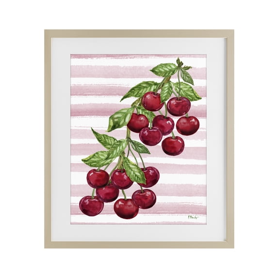 Stupell Industries French Country Juicy Cherry Vine on Stripes Birch Framed Print Under Glass, 13 x 16, by Paul Brent