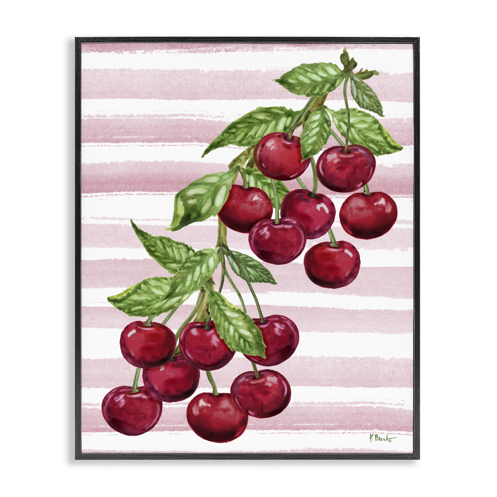 Stupell Industries Juicy Cherry Vine on Stripes Black Framed Giclee Art, design by Paul Brent