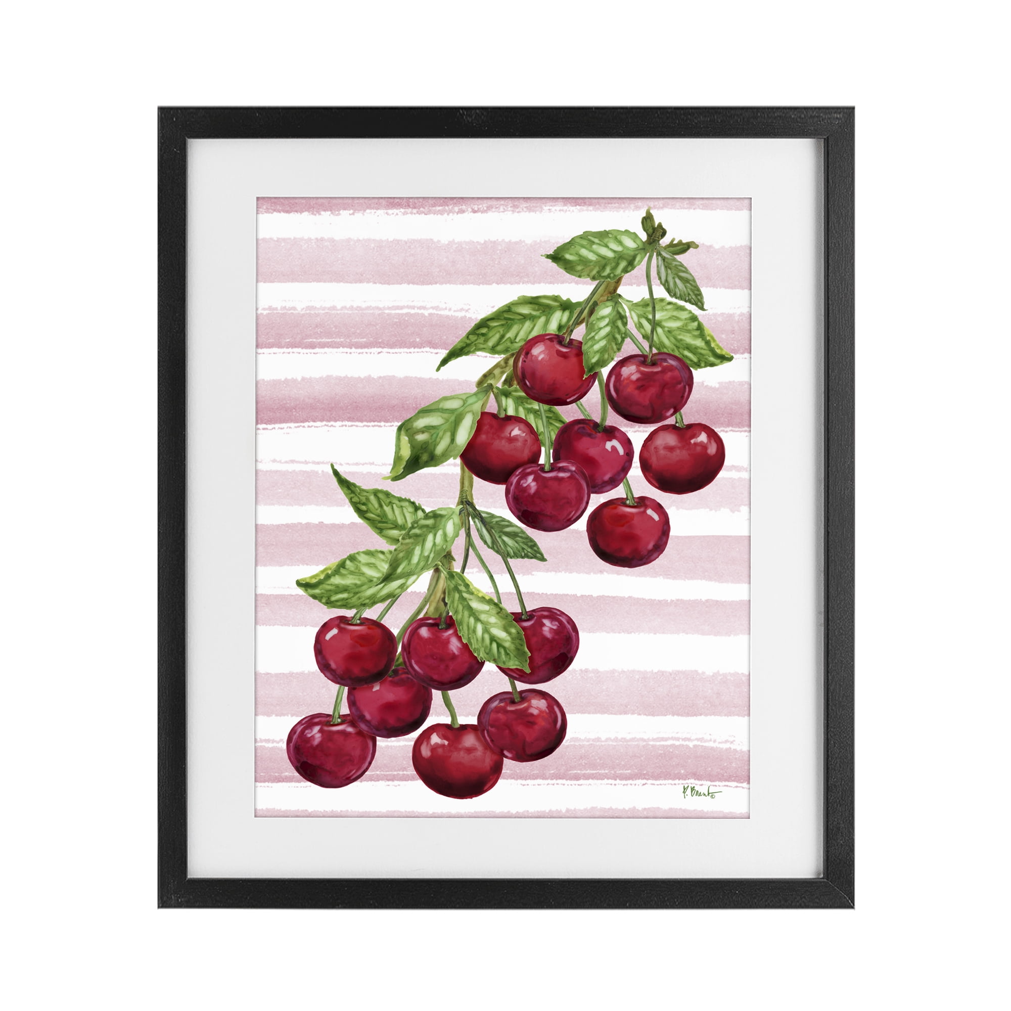 Stupell Industries Juicy Cherry Vine on Stripes Black Framed Print Under Glass, design by Paul Brent