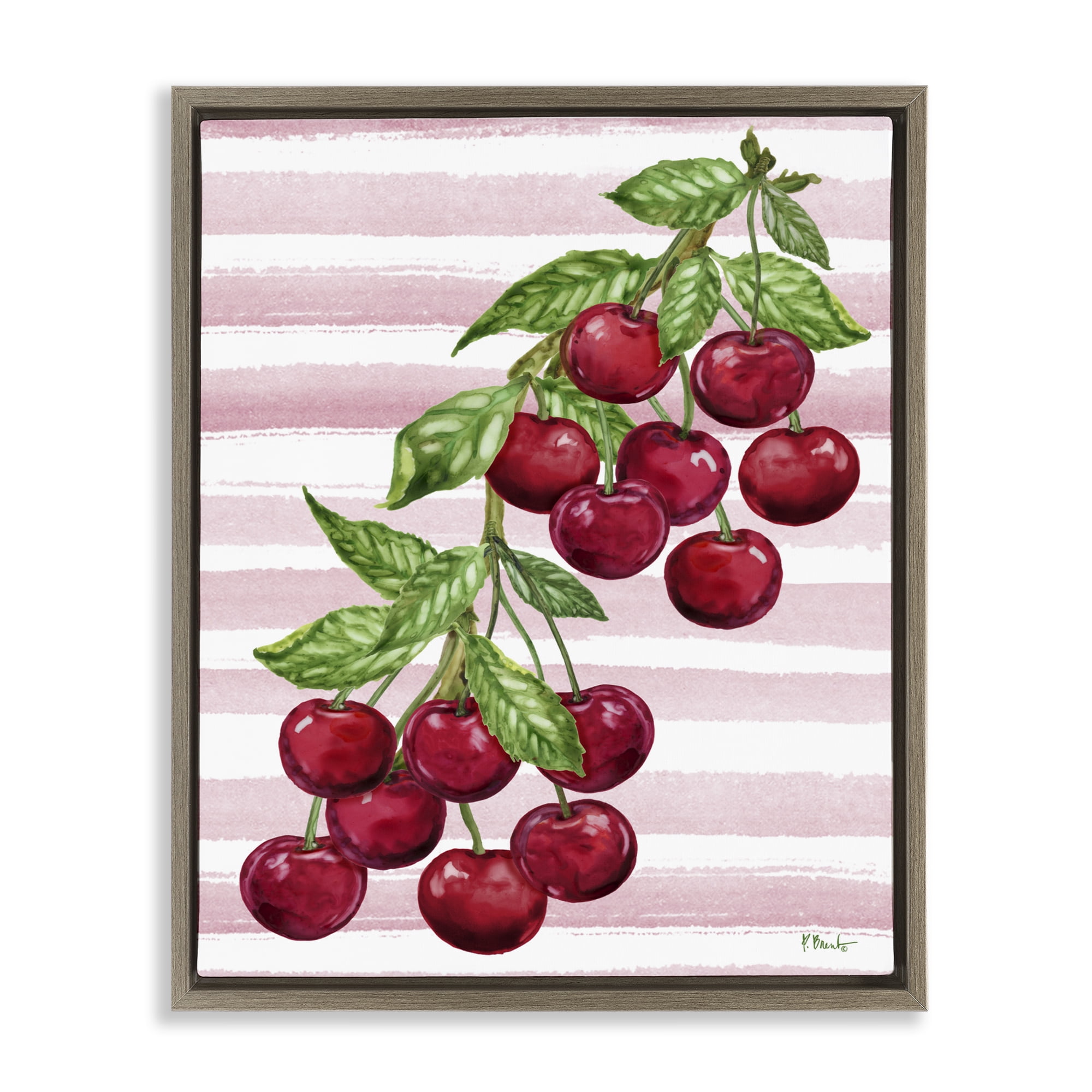 Stupell Industries Juicy Cherry Vine on Stripes Brown Framed Floater Canvas Wall Art, design by Paul Brent
