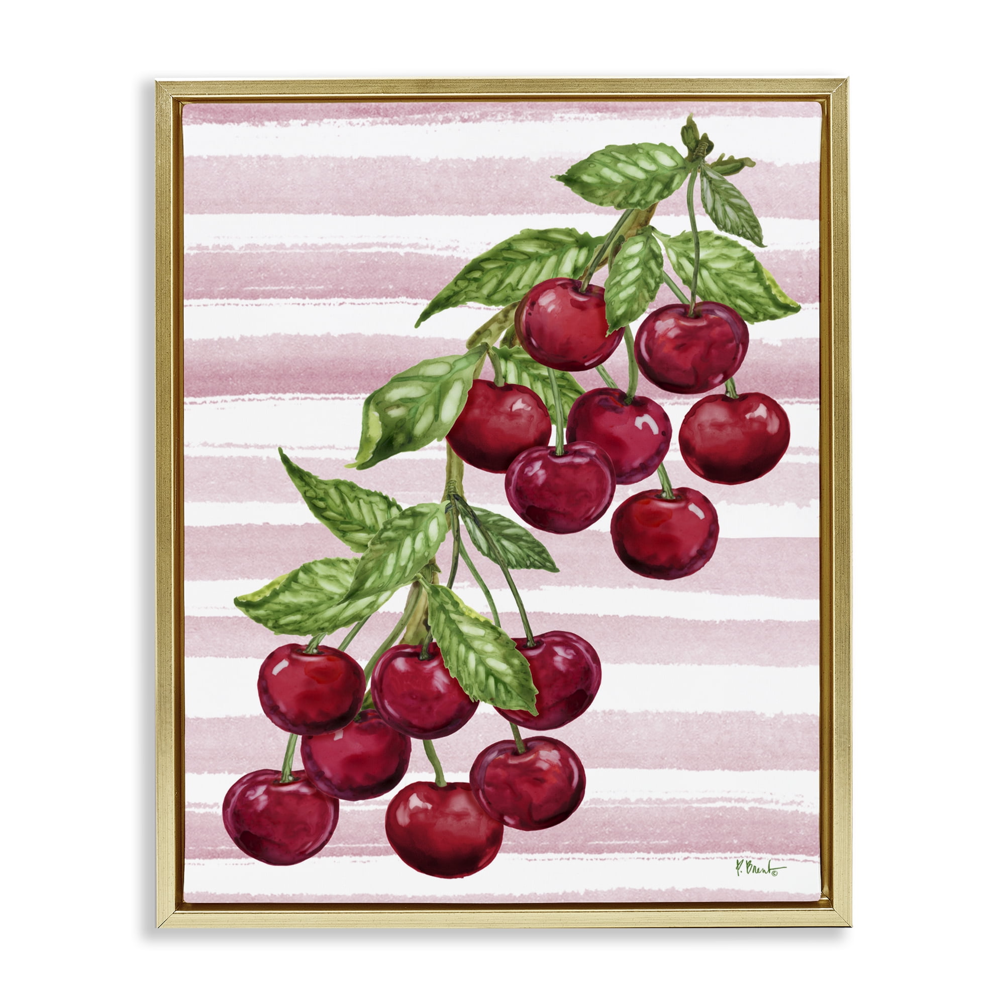 Stupell Industries Juicy Cherry Vine on Stripes Gold Framed Floater Canvas Wall Art, design by Paul Brent