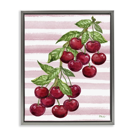 Stupell Industries French Country Juicy Cherry Vine on Stripes Gray Floating Frame Canvas Art, 17 x 21, by Paul Brent