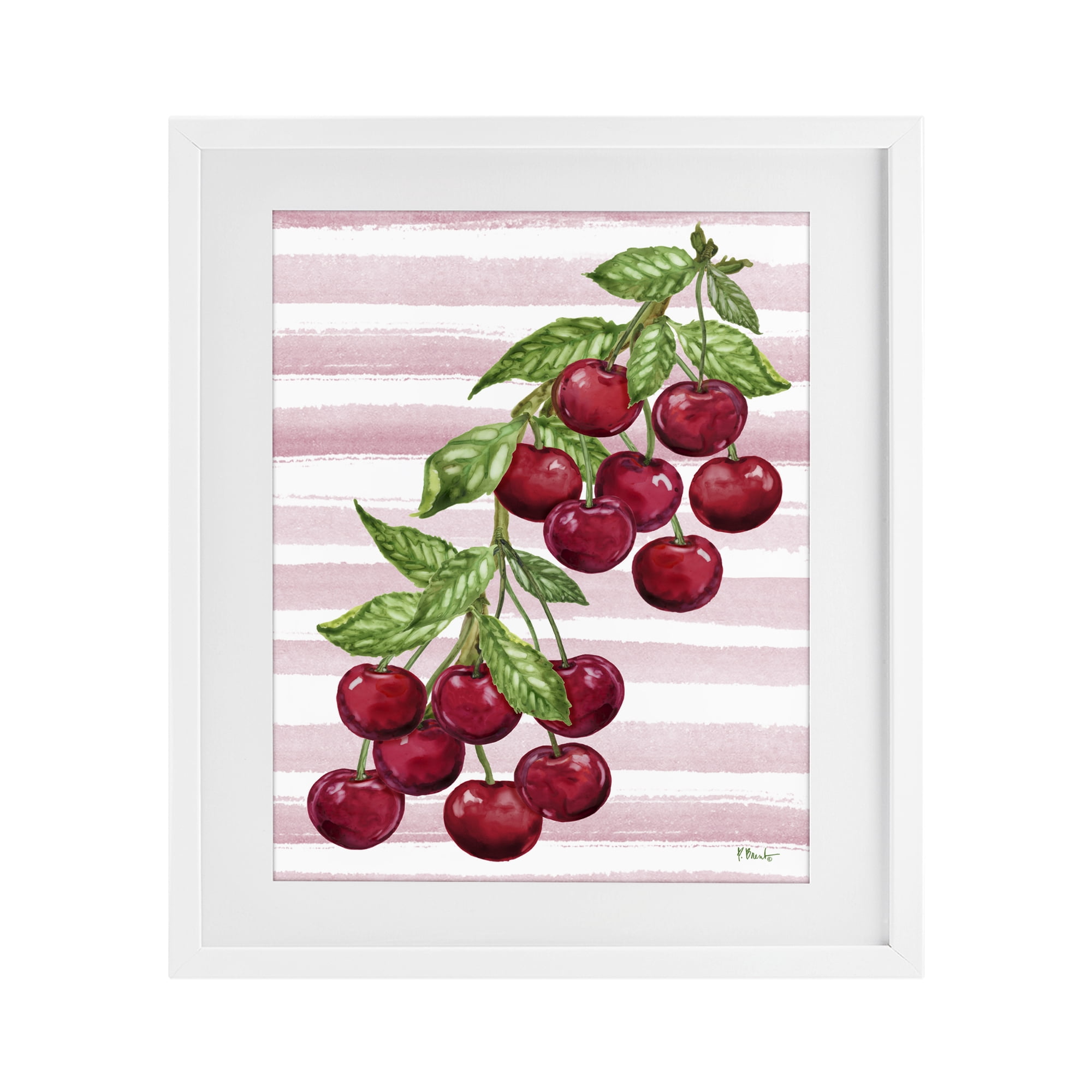 Stupell Industries Juicy Cherry Vine on Stripes White Framed Print Under Glass, design by Paul Brent