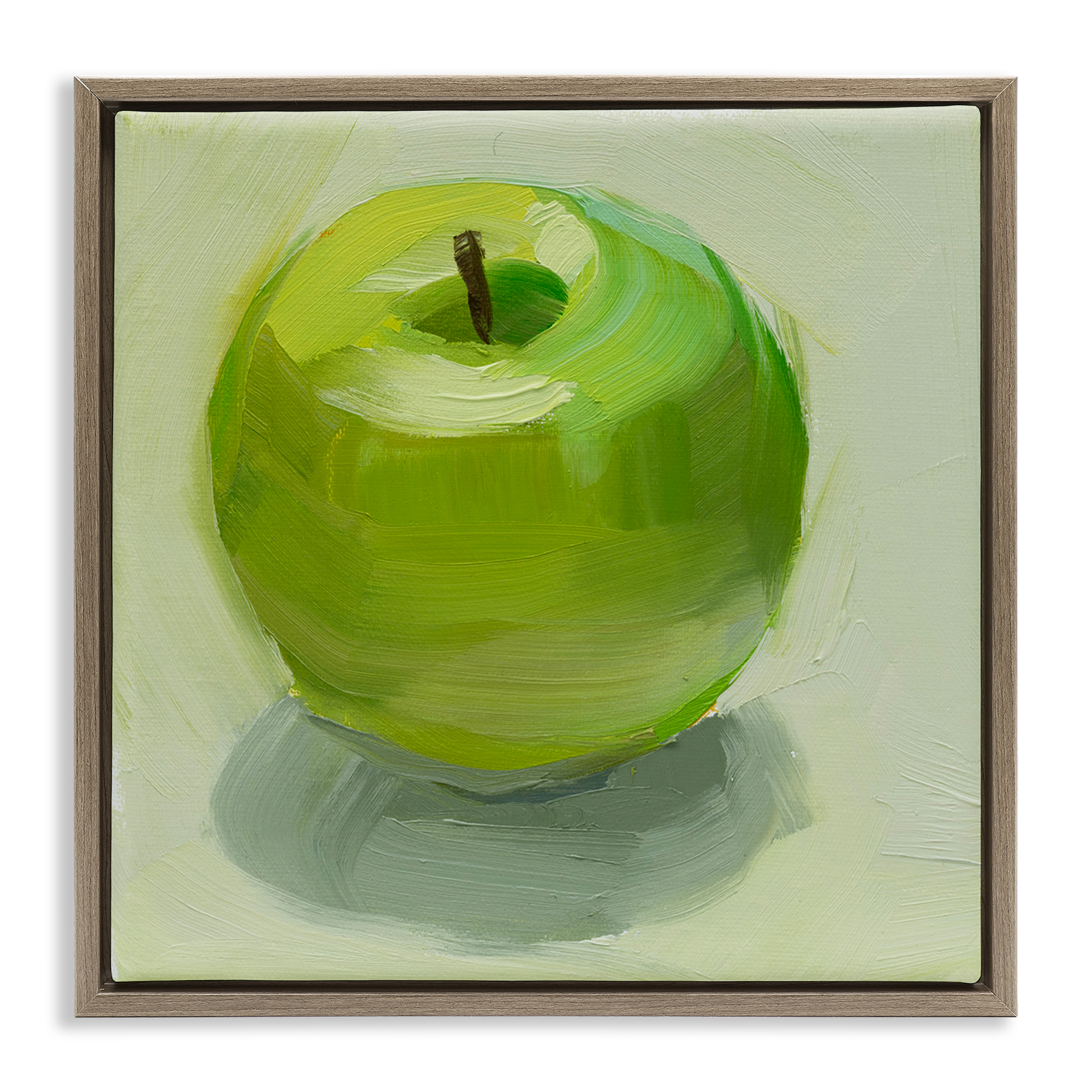 Stupell Industries Juicy Green Apple Food & Beverage Painting Brown Floater Framed Canvas Art Print Wall Art, 18 x 18