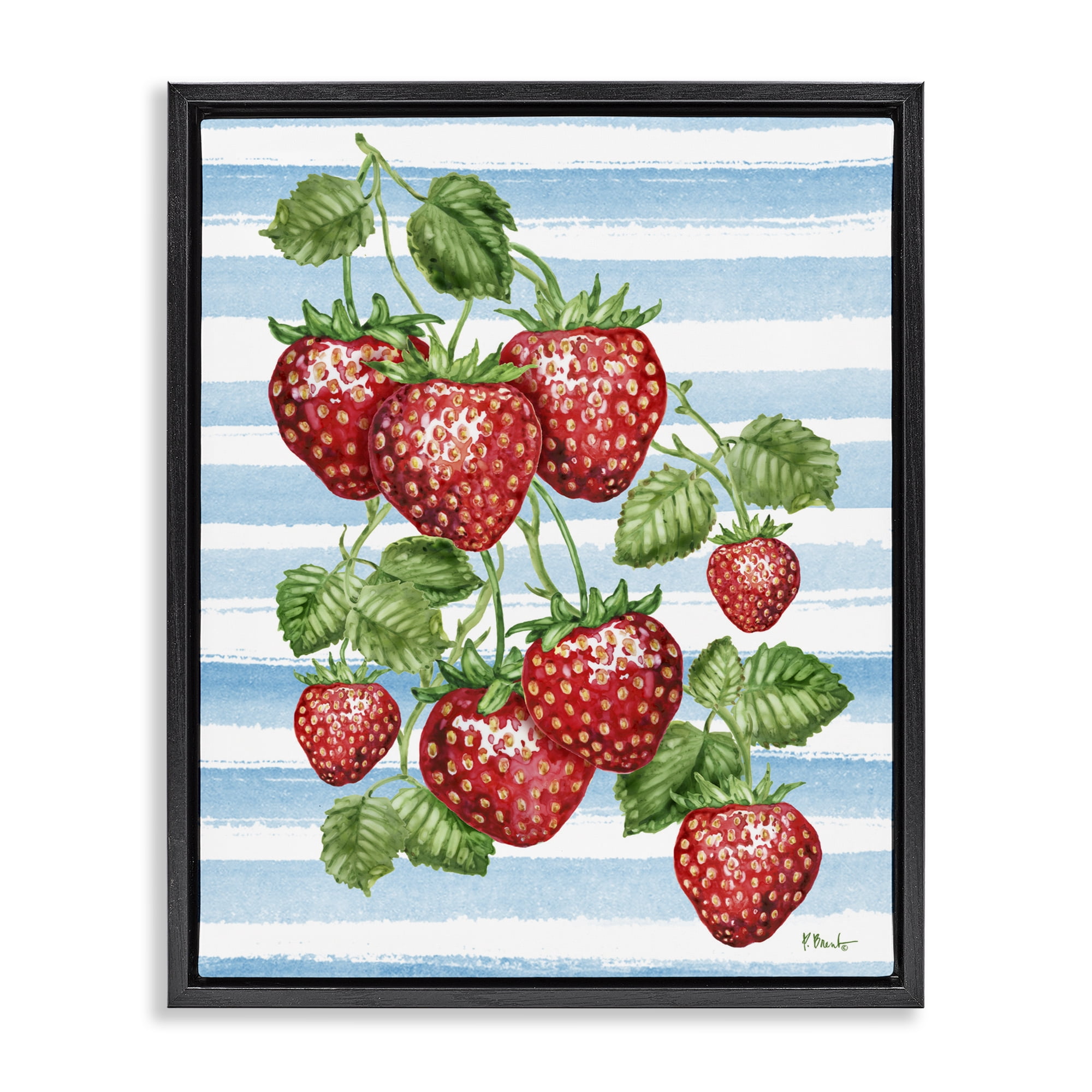 Stupell Industries Juicy Strawberry Vine on Stripes Black Framed Floater Canvas Wall Art, design by Paul Brent
