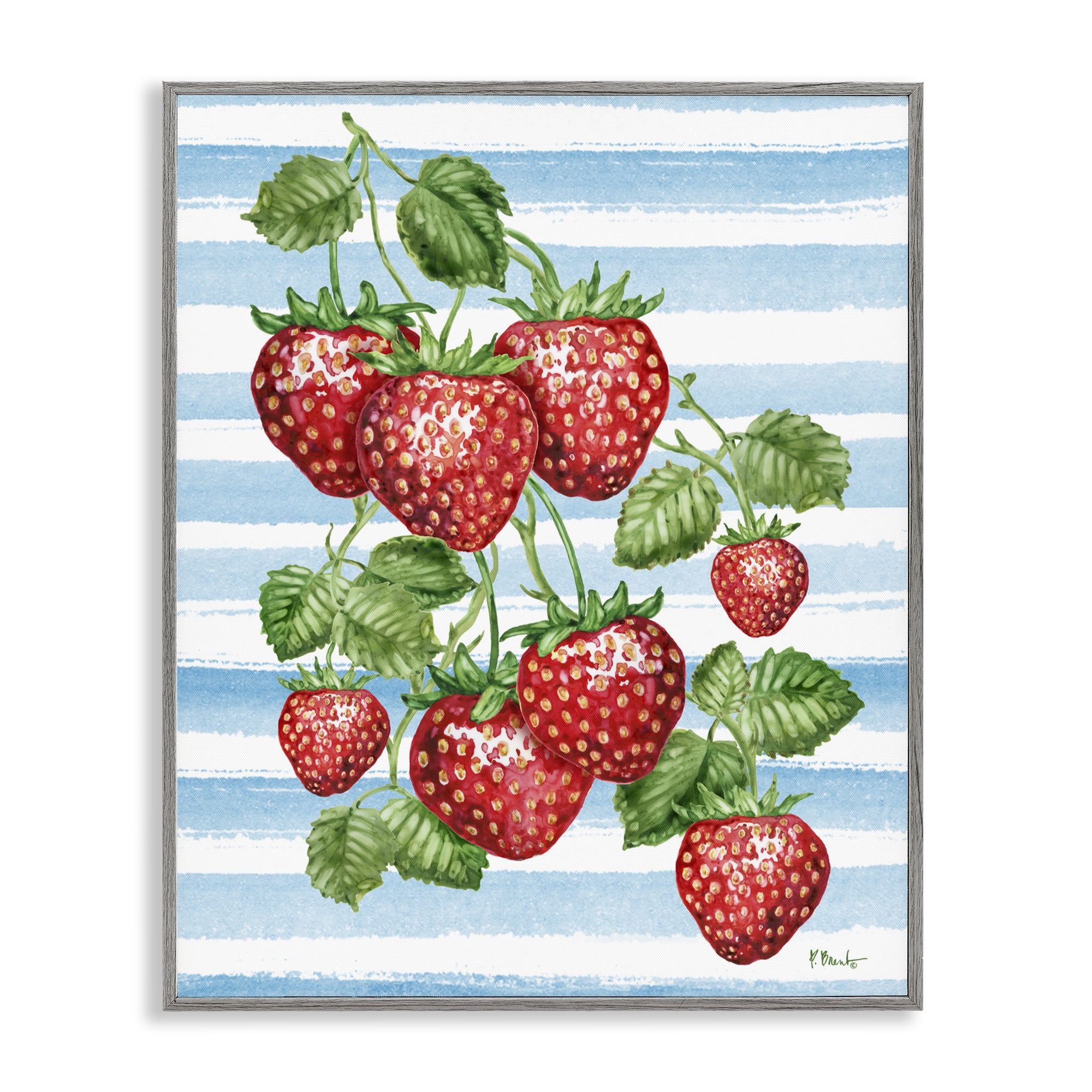 Stupell Industries Juicy Strawberry Vine on Stripes Gray Framed Giclee Art, design by Paul Brent
