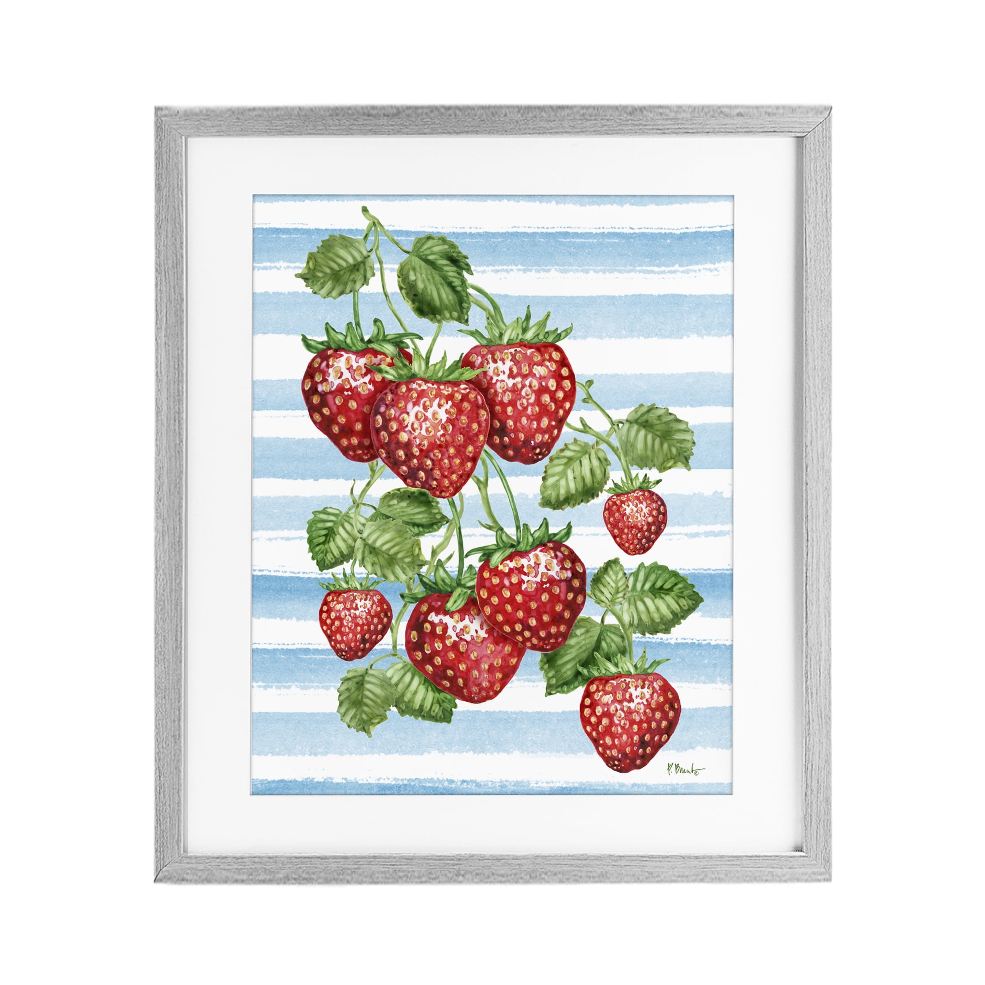 Stupell Industries Juicy Strawberry Vine on Stripes Gray Framed Print Under Glass, design by Paul Brent