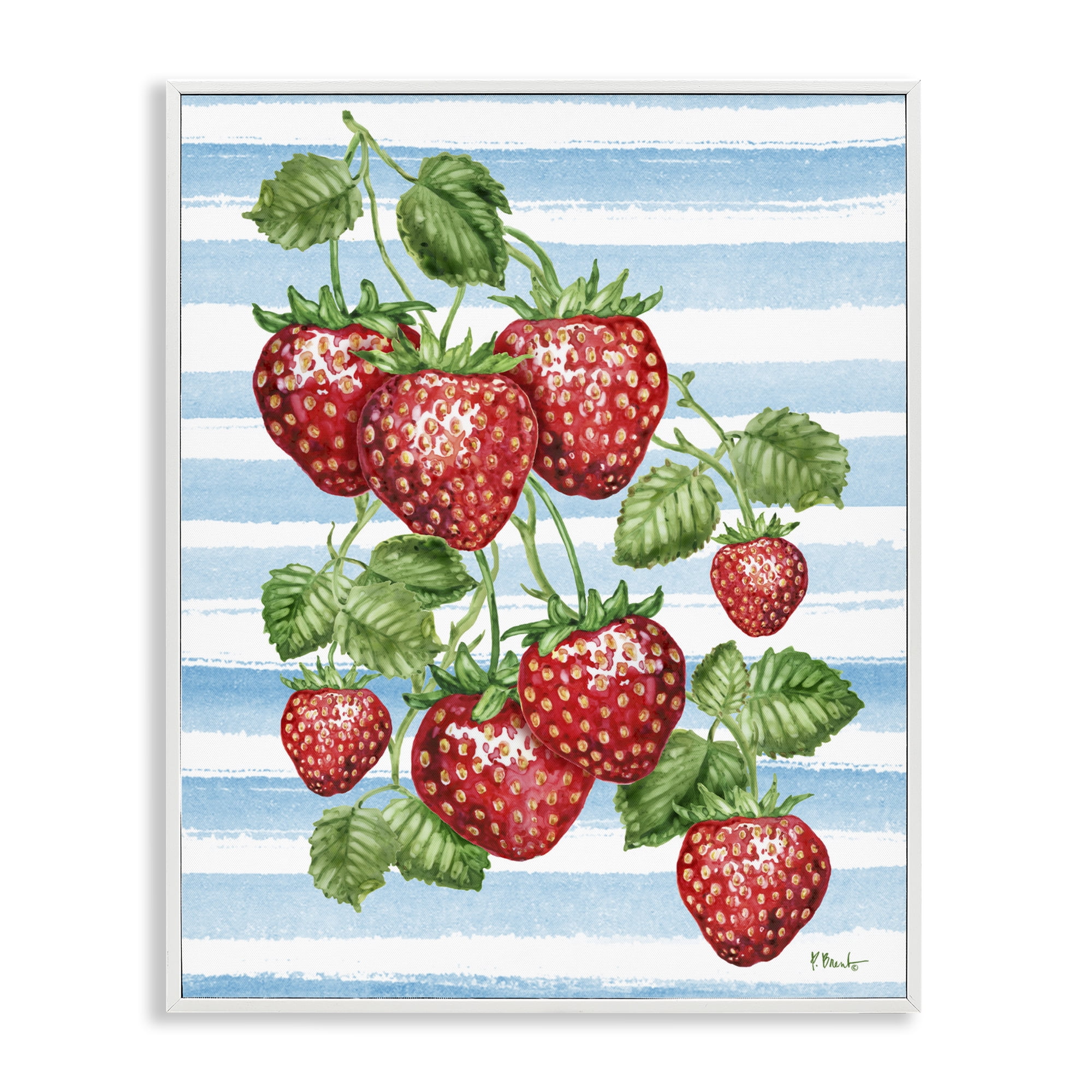 Stupell Industries Juicy Strawberry Vine on Stripes White Framed Giclee Art, design by Paul Brent