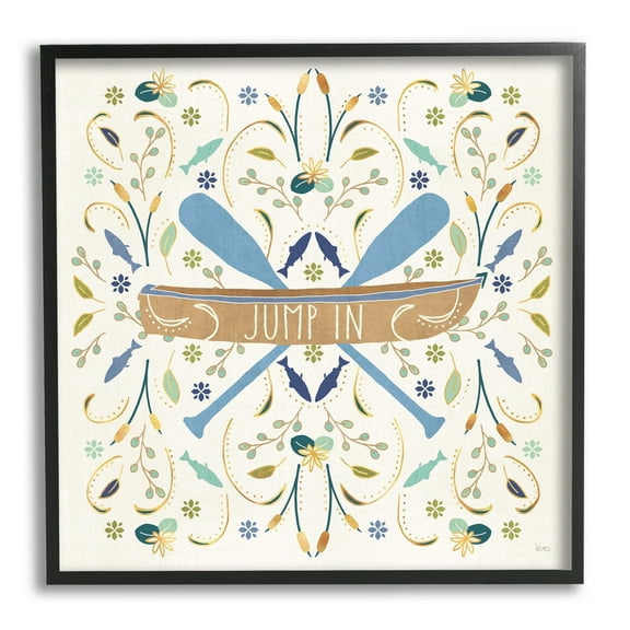 Stupell Industries Jump In Botanical Patterned Canoe Boat Crossed Ores Graphic Art Black Framed Art Print Wall Art, Design by Veronique Charron